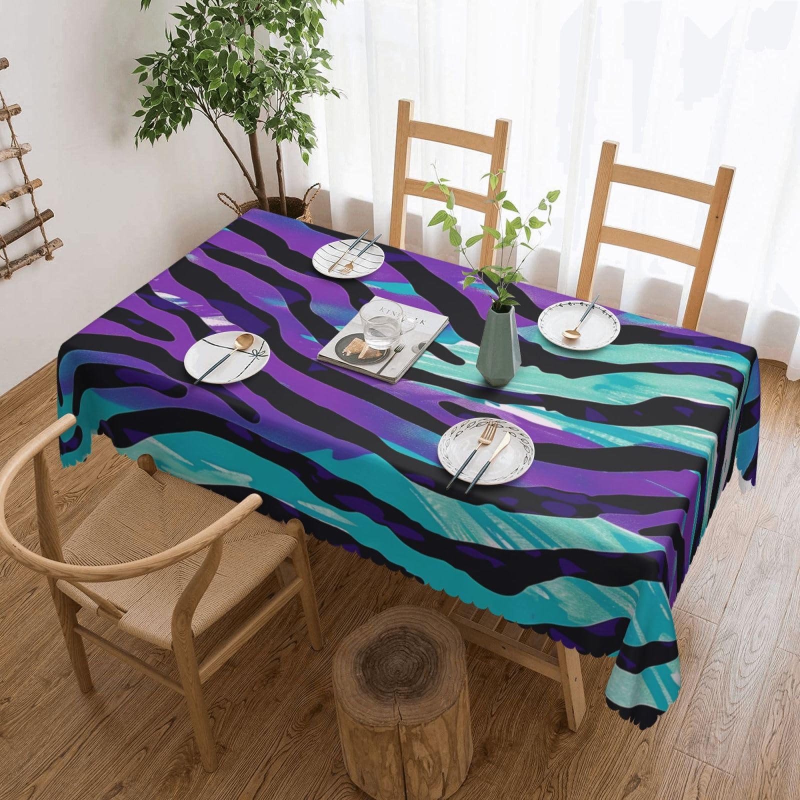 WPKJU Blue Green Camouflage Zebra Stripe Printed Rectangle Tablecloth 72x54 Inch with Lace Trim, Water-Resistant Washable Table Cover for Farmhouse Weddings, Outdoor Picnics & Holiday Dining