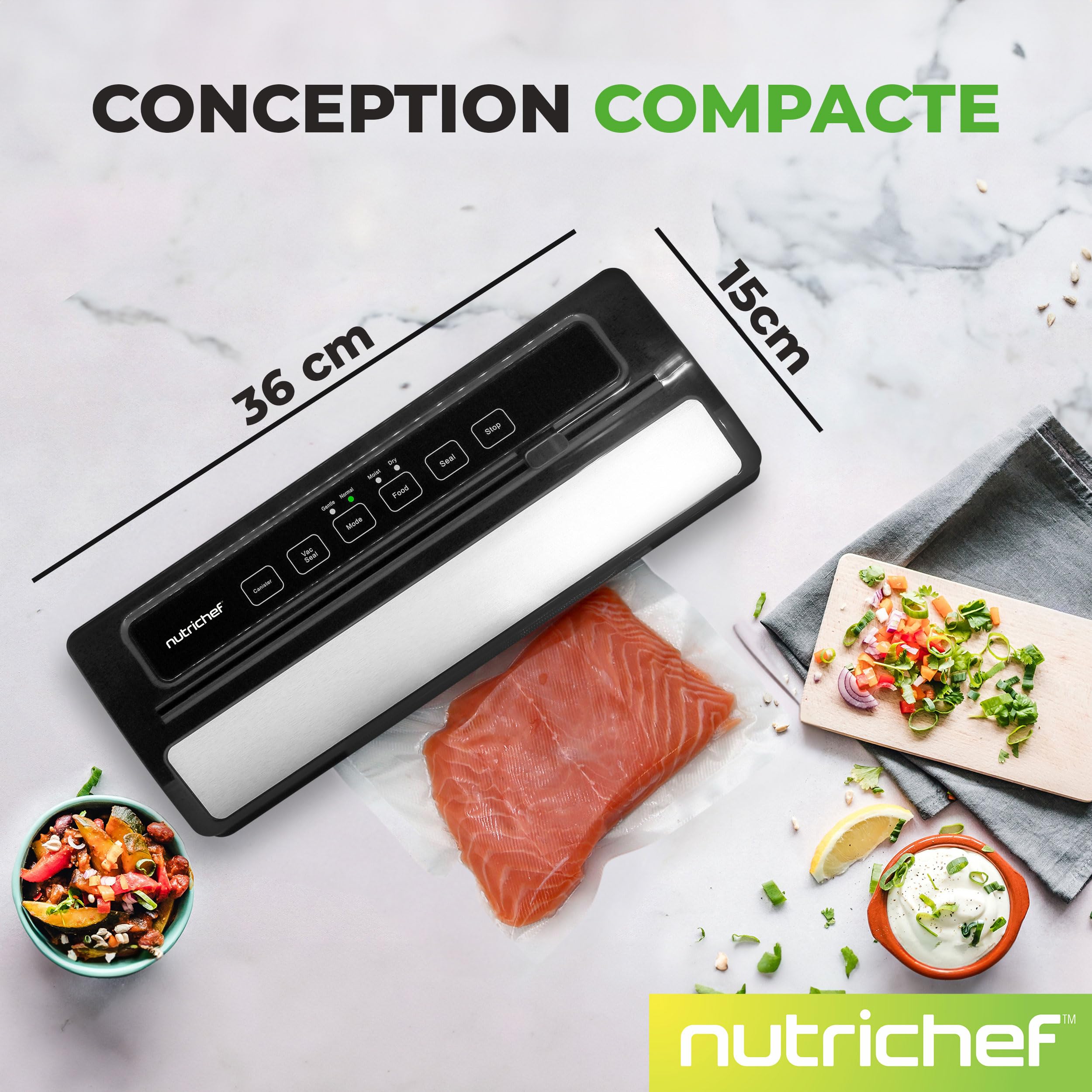 NutriChef Système Automatique de Scellage Sous Vide Alimentaire - Scelleur 110W en Acier Inoxydable pour Viande, Sous Vide avec 2 Modes de Scellage, Rouleaux et Tuyau Sous Vide - (Noir)