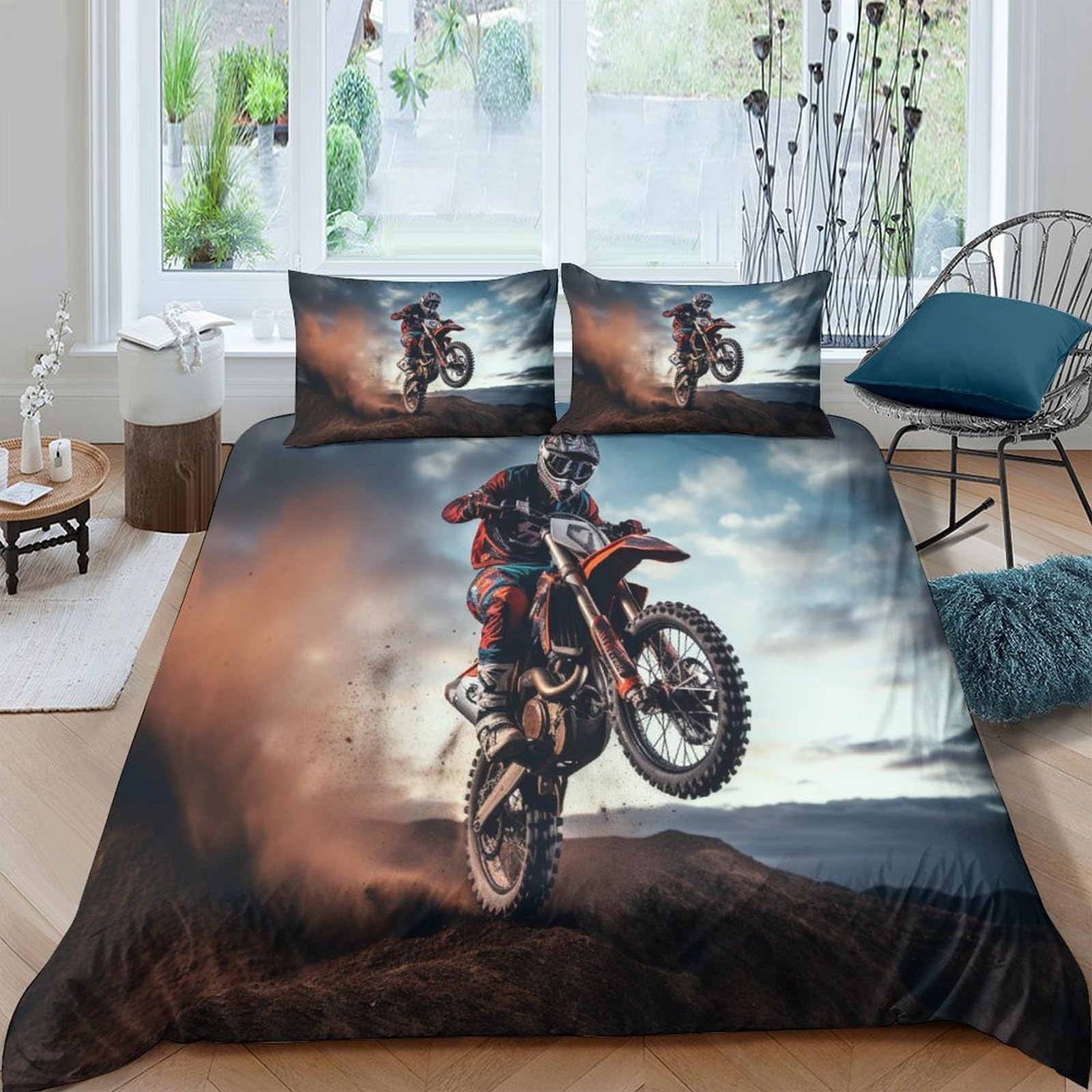 Parure de lit moto 3D avec housse de couette double 200x200 et taies d'oreiller en microfibre