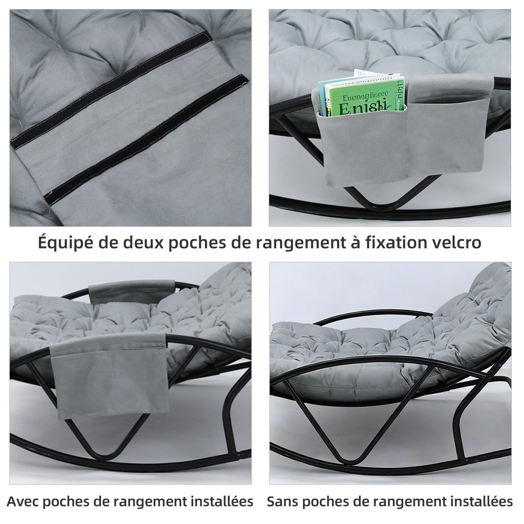 Fauteuil à Bascule Extérieur avec Coussin pour Deux, Support de Pied, Rocking Chair Papasan pour Chambre, Salon, Terrasse, Jardin, Balcon, capacité de Charge 240 kg,Tissu technologique,Gris