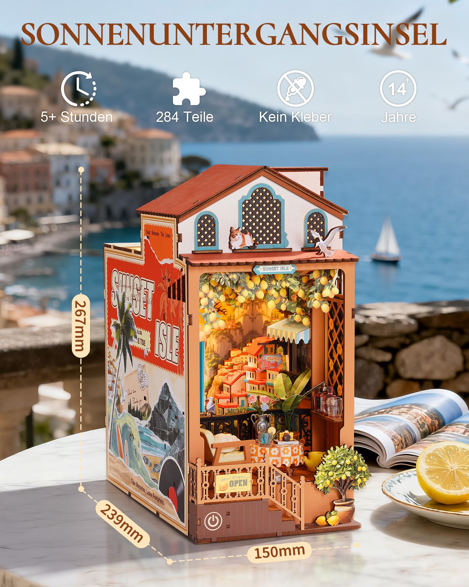 Rolife Book Nook Kit für Erwachsene Miniatur Haus Selber Bauen mit Licht Abendrot Insel Booknook Bausatz 3D-Holzpuzzle Bücherstütze für Regal Bibliothek Bücherregal Dekoration