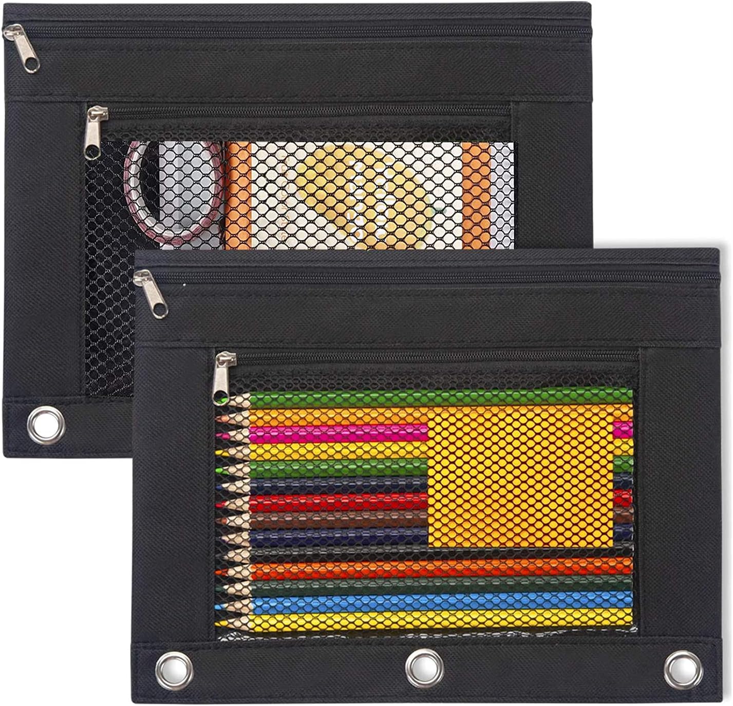 Binder Pouch, 2 Pack Pencil Pouch 3 Ring Fabric Pencil Pouches Black Pencil Case Pencil Bags,Pencil Bags with Zipper, Zippered Pencil Pouch for 3 Ring Binde