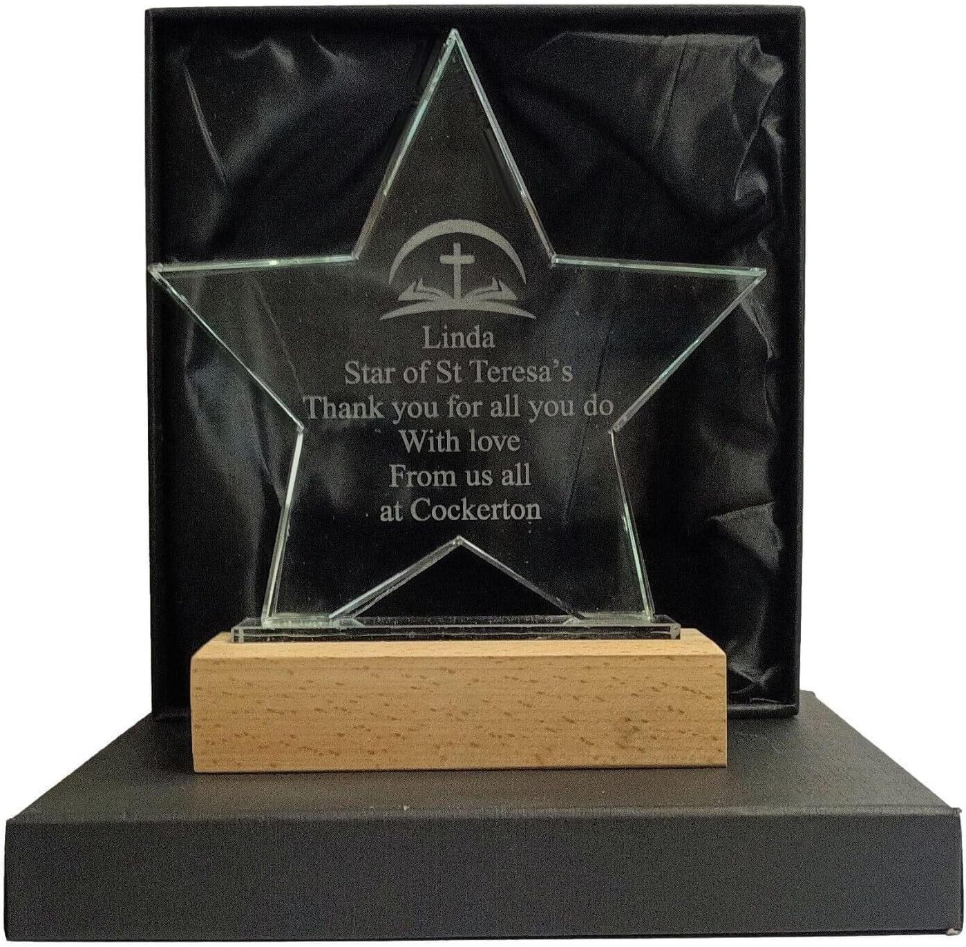 County Engraving Personalised Jade Glass Star Trophy Award With Wooden Base, Any Text Engraved - Enter Your Own Custom Text (Medium)