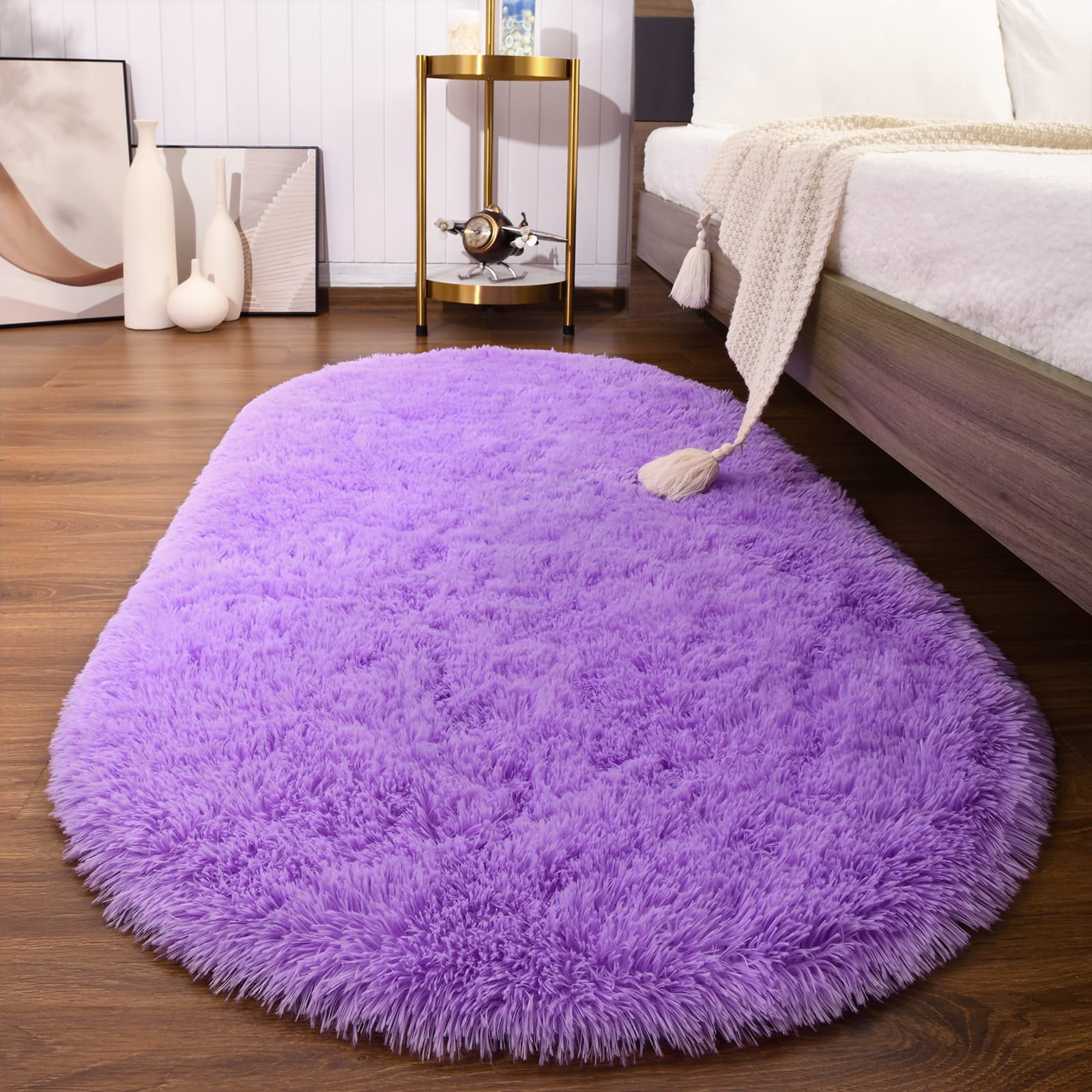 Softlife Fluffy Rugs for Bedroom, Shag Cute Area Rug for Girls/Boys and Kids Baby Room Home Decor, 2.6 x 5.3 Feet Oval Indoor Carpet for Nursery Dorm Living Room, Purple