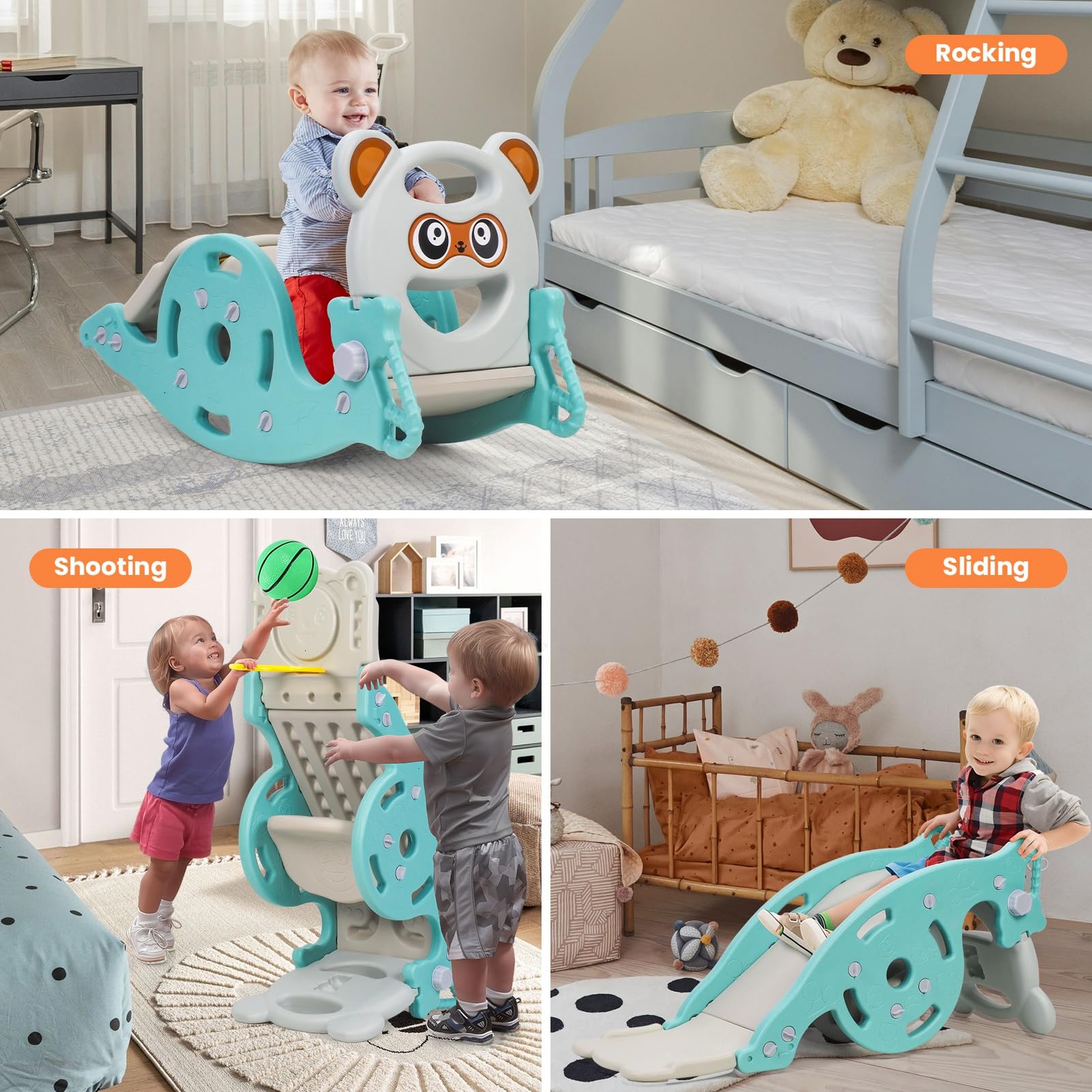 Caballo oscilante 4 en 1 con tobogán y cesta de baloncesto, juguete de bebé convertible para niños, regalo infantil para interior y exterior verde