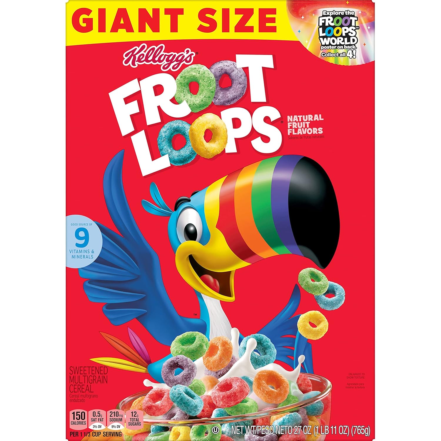 Kellogg's Froot Loops Breakfast Cereal, Fruit Flavored, Breakfast Snacks with Vitamin C, Giant Size, Original, 27oz Box (8 Boxes)