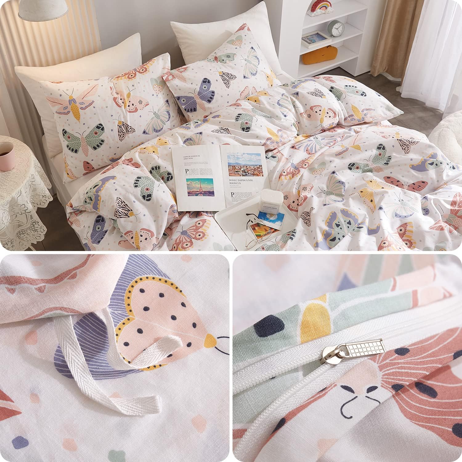 Ivellow Queen Duvet Cover Set 100% Cotton Butterfly White Duvet Cover for Kids Cute Bedding Set 3Pcs Ultra Soft Breathable Kids Duvet Cover Patterned Cartoon Comforter Cover Boys Girls Toddler Teen - Image 5