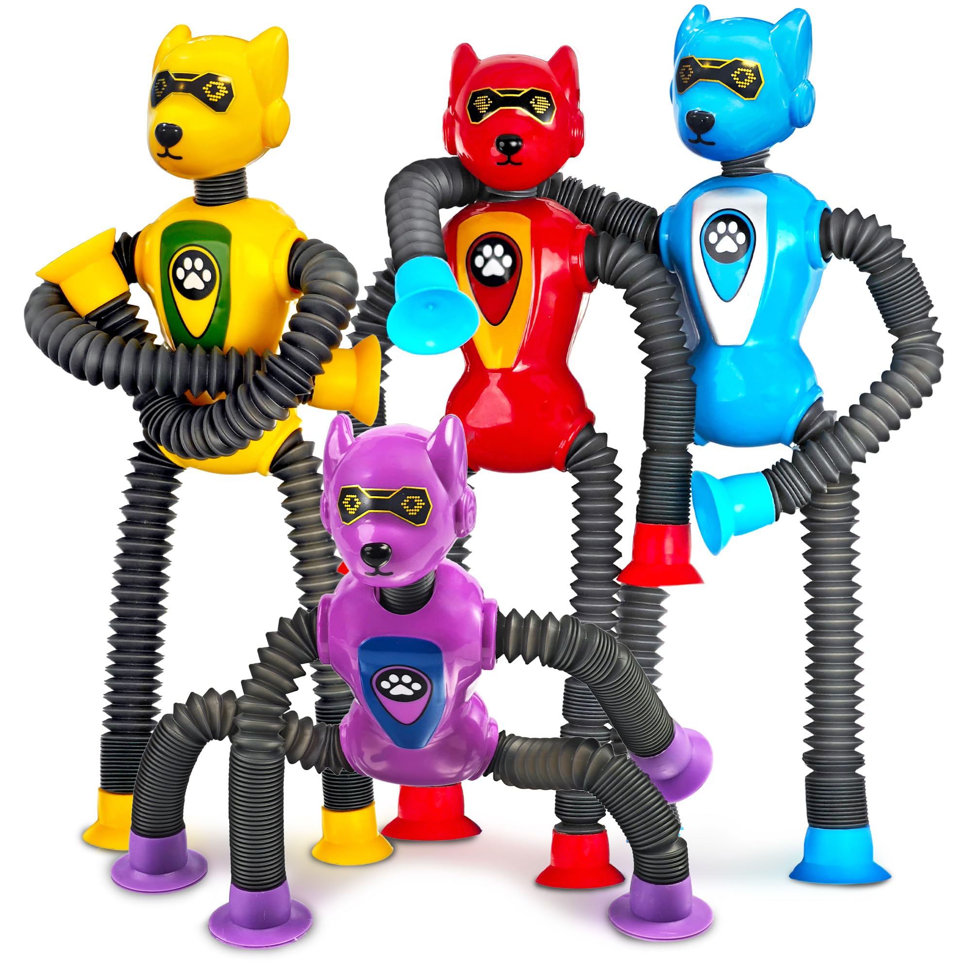 Valentines Day Gift for Classroom Boys Robot Dog Sensory Pop Tube for Toddler Kid 4PC Travel Toys Airplane Car Toy Activities Autistic Road Trip Suction Tube for Boys 3 - 8 ADHD Autism