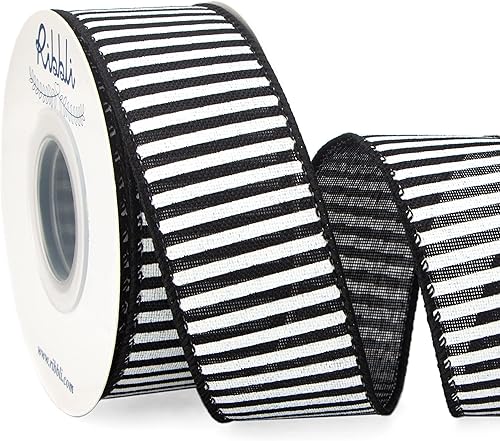 Ribbli Cinta con alambre a rayas blancas y negras, 1-12 pulgadas x 10 yardas, cinta de arpillera a rayas estrechas para manualidades, corona,