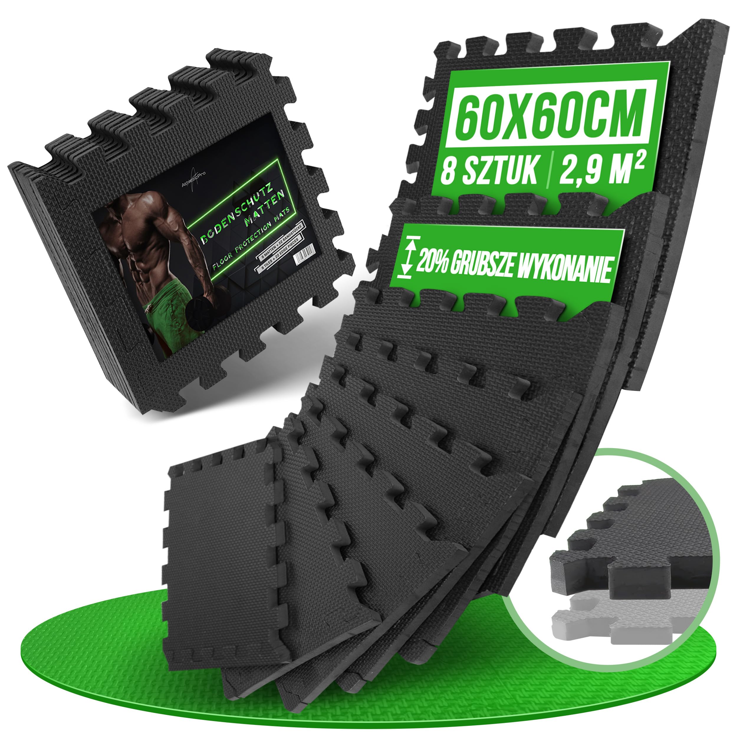 AthleticPro Mata ochronna na podłogę Fitness [60 x 60 cm] – 18 bardzo grubych mat podłogowych [20% większa ochrona] – antypoślizgowe maty ochronne do siłowni i sprzętu fitness