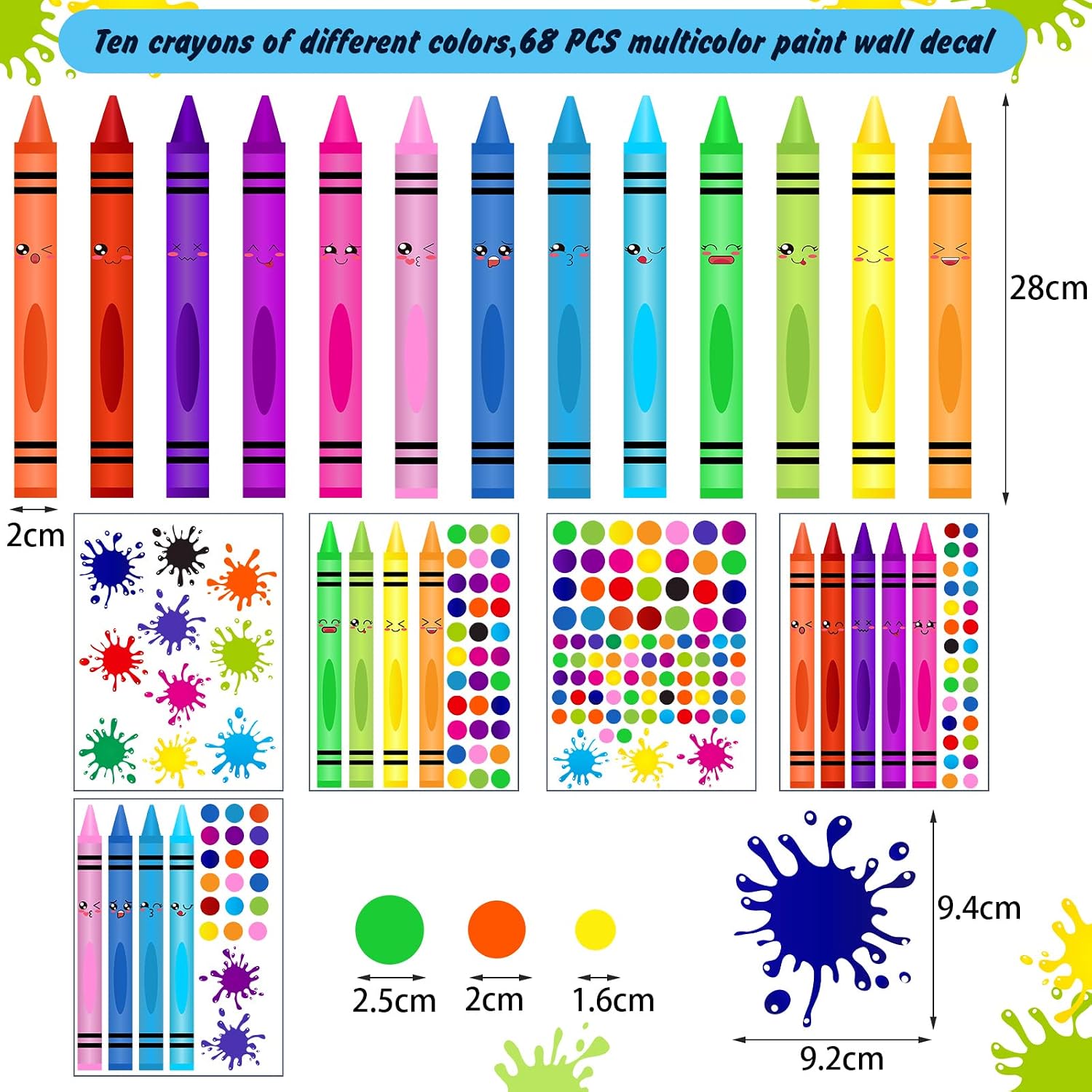 192 Pieces Crayon Wall Decals Splatter Wall Sticker and Multicolor Paint Wall Decals Crayon Splotches Polka Dot Nursery Decors Sticker for Home Nursery Classroom School Wall Decoration