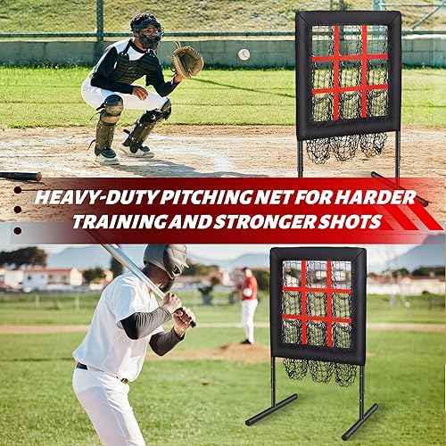 Miniatura 8 de Red de lanzamiento de béisbolsóftbol con zona de golpe, objetivo de lanzamiento de 9 agujeros, red de práctica de altura ajustable para