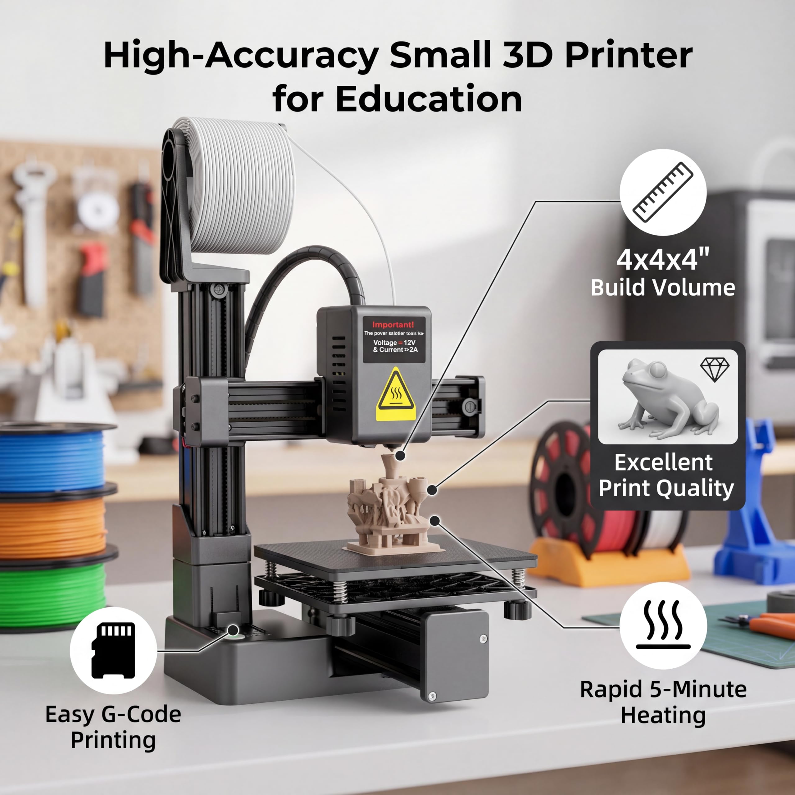 Stampante 3D per principianti, volume di costruzione 100 x 100 x 100 mm, compatibile con PLA TPU, riscaldamento rapido (spina americana nero)