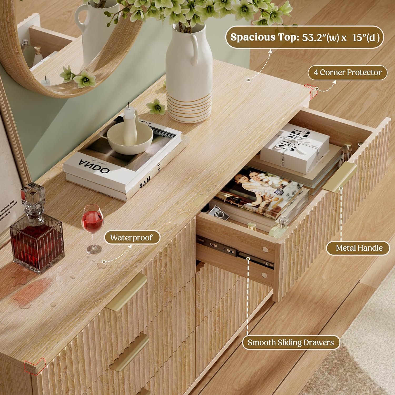 Lulive Dresser for Bedroom Wood Dressers Chest of Drawers, Fluted 53.2" Wide Modern Long Dresser TV Stand 6 Drawers for Bedroom, Closet, Living Room, Hallway (Natural) - Image 3