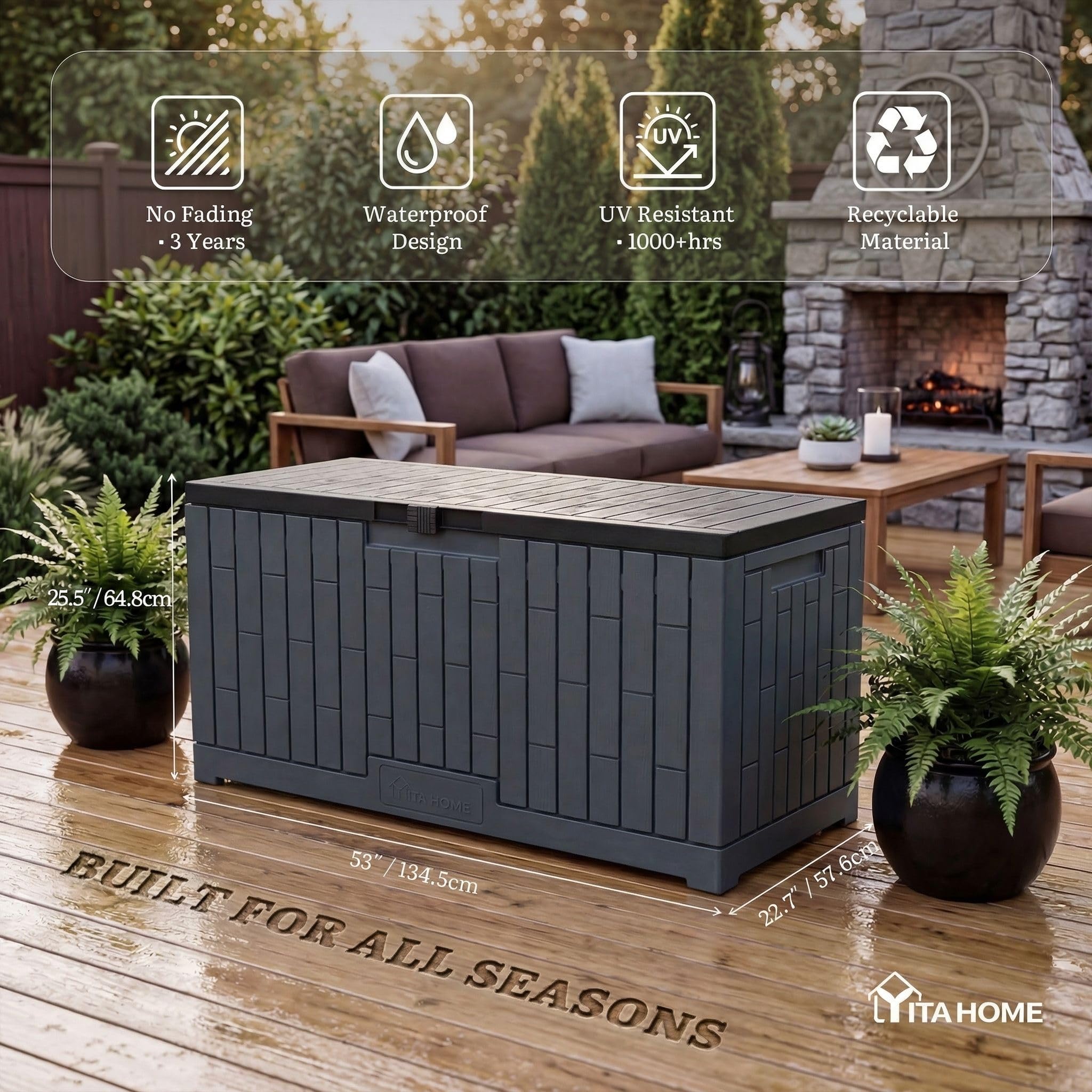 YITAHOME Skrzynka ogrodowa 450 l wodoodporna z zamkiem ciemnoszara 140x66x59 cm