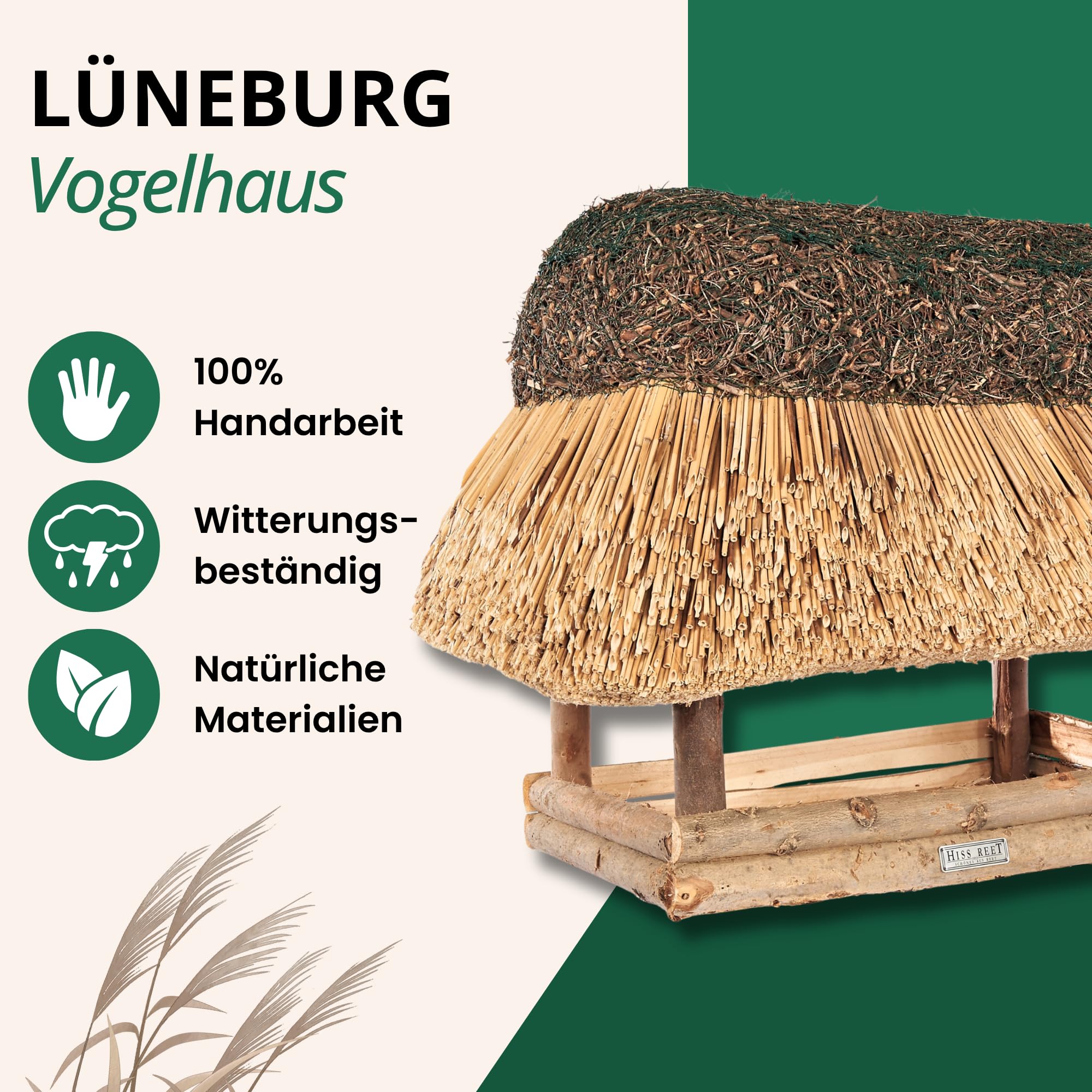 Vogelfutterhaus, Vogelhaus - mit Reetdach I Futterhaus für Vögel aus Eukalyptus Holz I LÜNEBURG I ideal für Balkon und Garten I wetterfest I XL Größe (ca. 65 cm Länge)