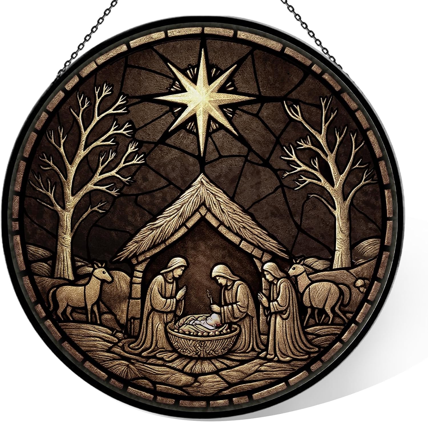 Nativity Scene Suncatcher - 7.9" Hand Painted Stained Glass Christmas Ornament & Window Hanging, Outdoor/Indoor Birth of Jesus Decor, Religious Christian Gift for Women, Men