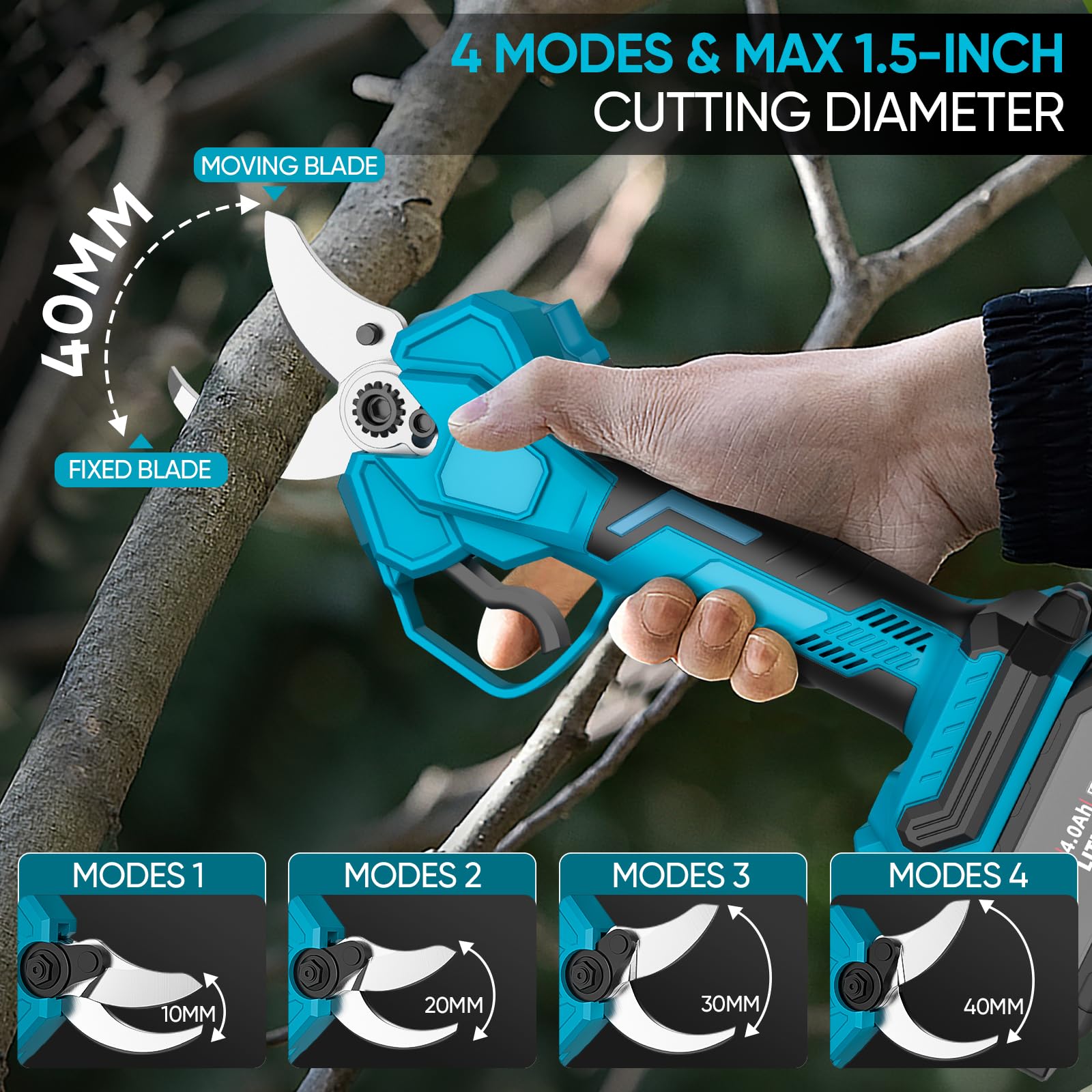 Sécateur Électrique Sans Fil avec Perche, 40MM Sécateur Électrique Télescopique avec 2 x 4,0Ah Batteries, Portée Maximale 1,6-2,8M, Moteur Brushless 1000W, Sécateur à Batterie pour Jardinage/Arbres
