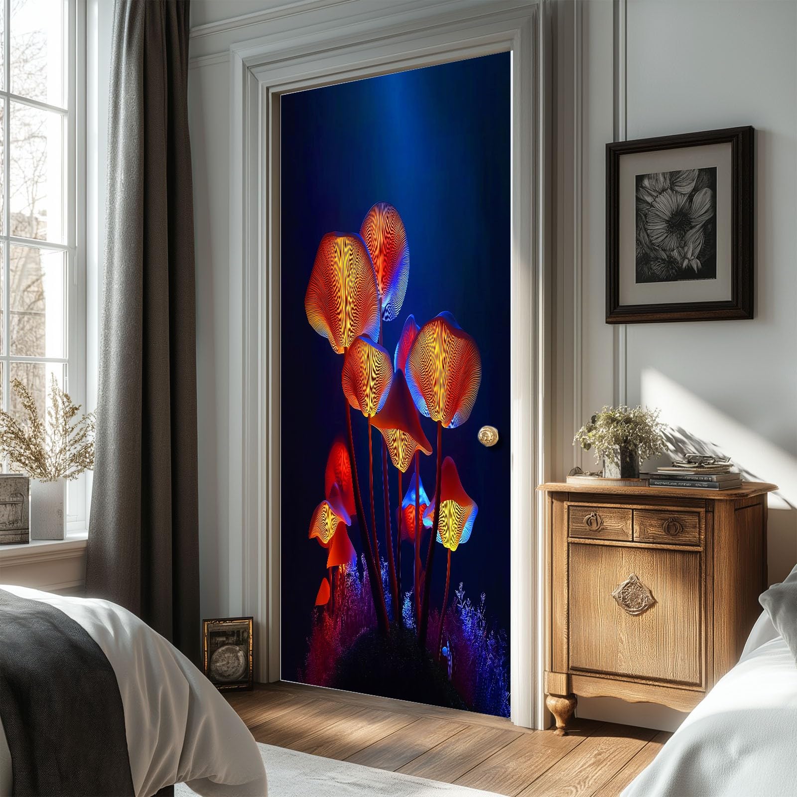 3D Dark Fantasy Naklejka na drzwi wewnętrzne, wodoodporna samoprzylepna dekoracja ścienna PCW, neonowe grzyby, plakat naklejki do sypialni, salonu, 95 x 215 cm (szer. x wys.)