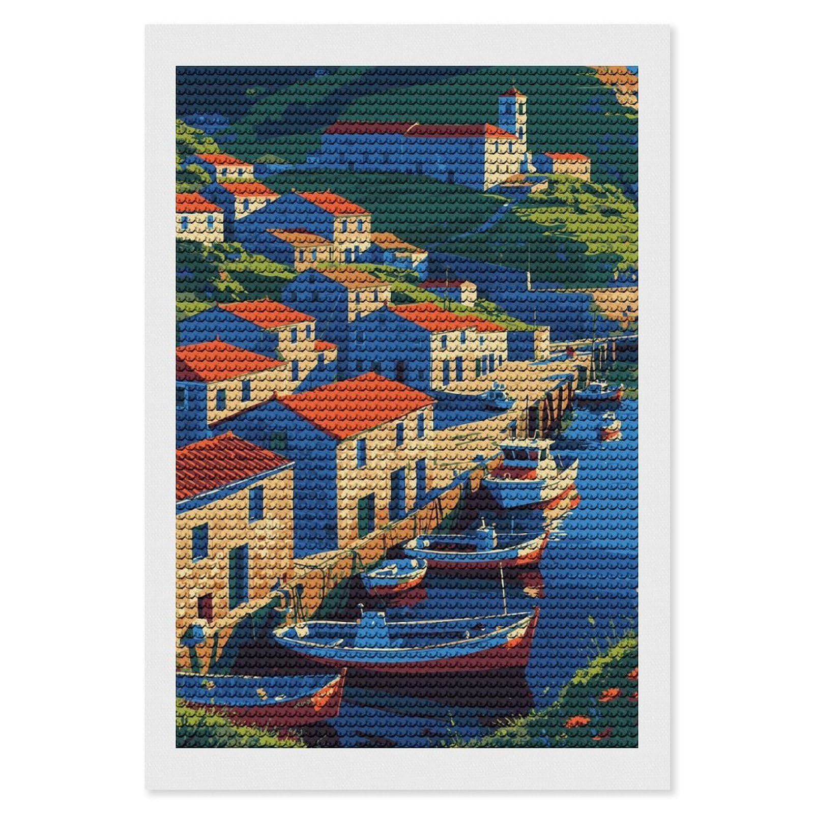 Junmoney Coastal Village with Boats and Red Roofs 5D Diamond Painting Kit 8"x12", Relaxing DIY, Mindful Craft Project, Full Kit Included, Thoughtful Present