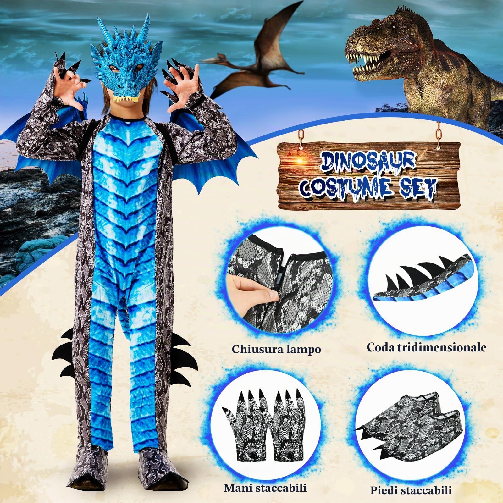 Ulikey Costume da Drago Bambino, Costume Carnevale Ragazzi, con Ali di Drago, Maschera da Drago, Dinosauri per Bambini Blu Rosso, Drago Tute per Bambini Carnevale Halloween Feste Cosplay