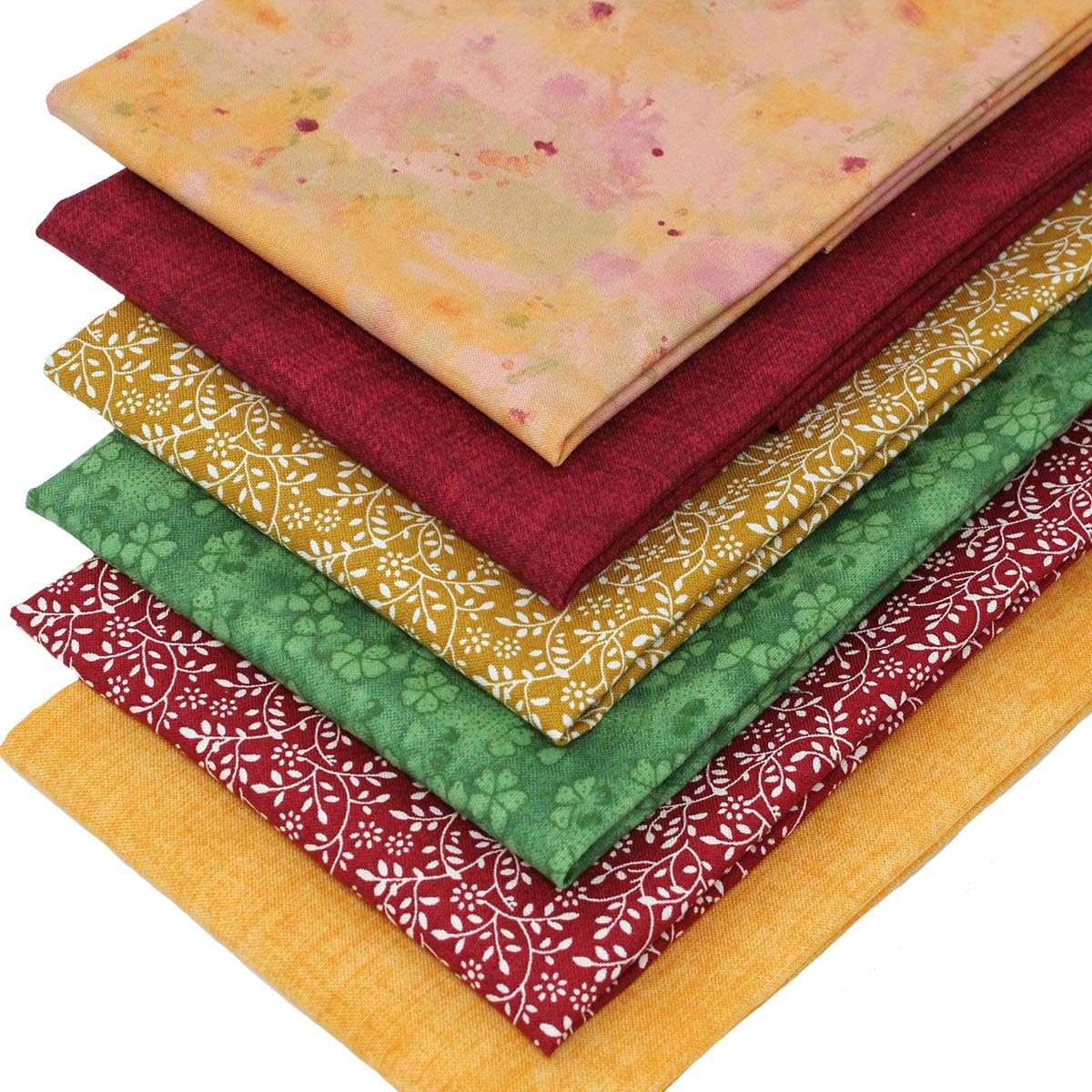 6 Fat Quarters Bundle - 'Harvest Time' Foliage Designs & Blender Fabrics in Deep Red, Green & Butterscotch. Ideal for Quilting & Crafting. 100% Cotton (with free patchwork pattern by Overdale Fabrics)