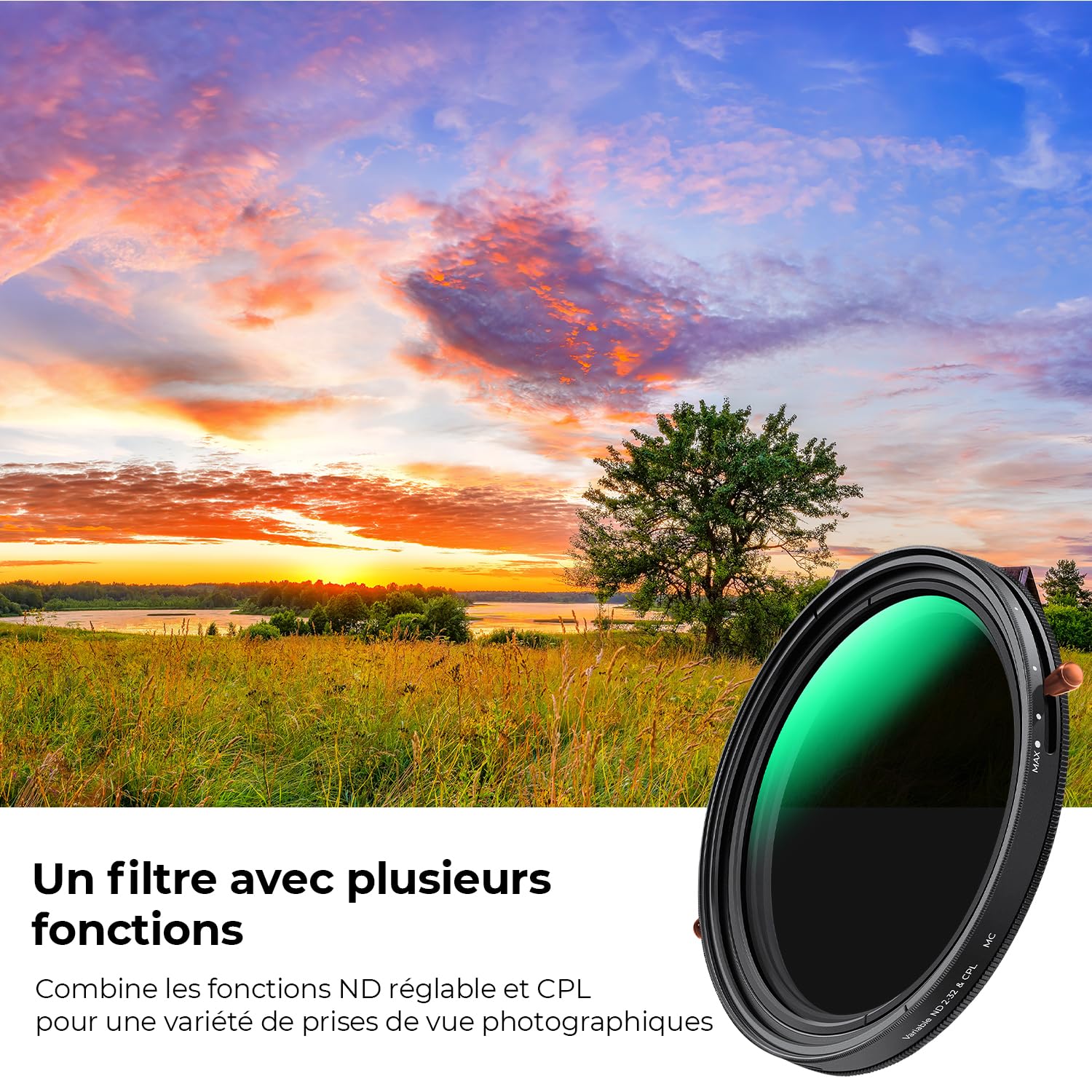 K&F CONCEPT Ø82mm Filter ND2-32 Variable et Polarisant CPL 2 en 1 et Chiffon sans Croix Bleu X 1-5 Stops 24 Revêtements Imperméable Anti des Rayures pour Objectif Appareil Photo (D Série)
