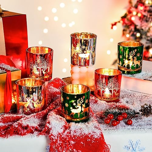 Portavelas votivas de cristal de Navidad, 6 portavelas para velas de té de Navidad, portavelas para centro de mesa de Navidad, decoración de mesa,