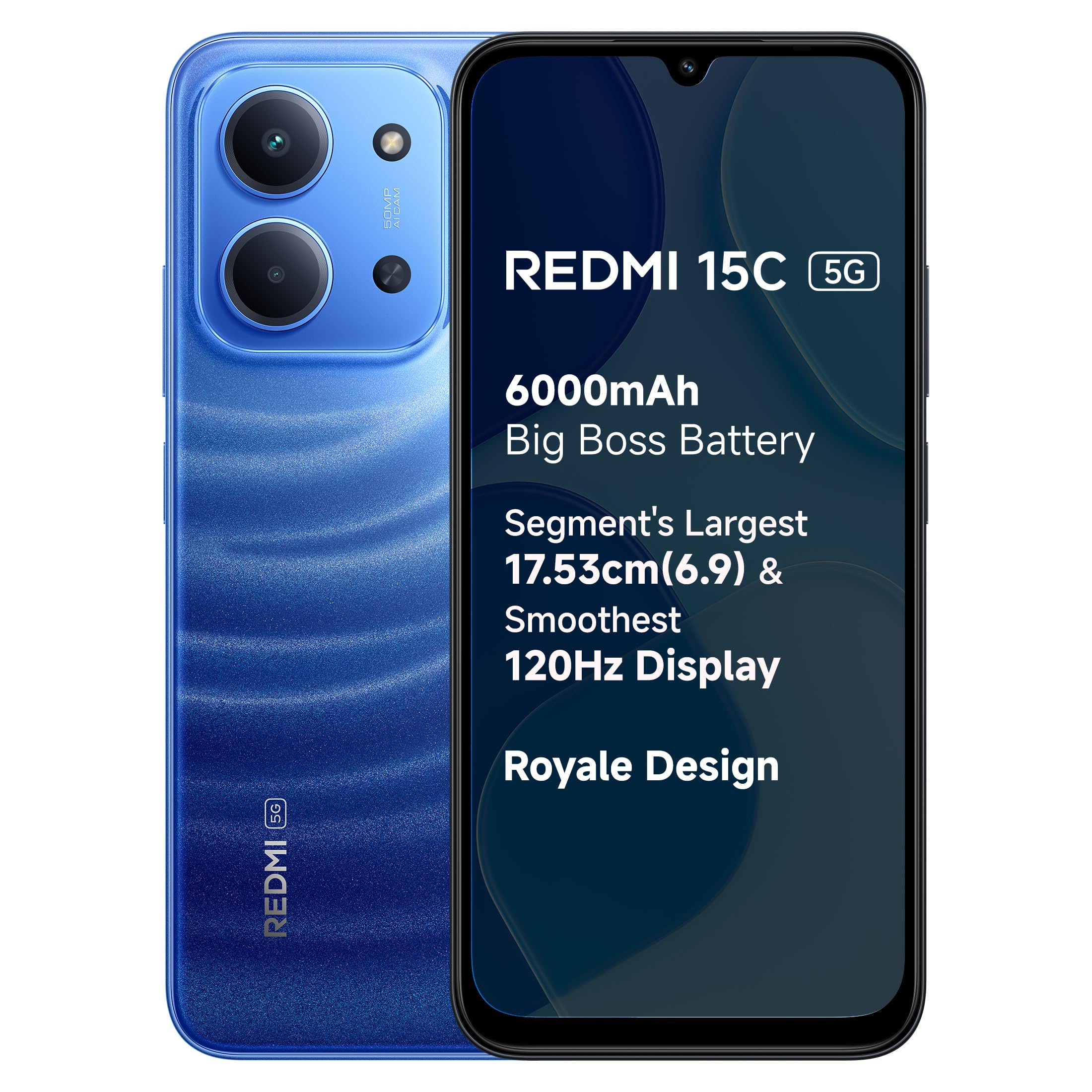 REDMI 15C 5G Moonlight Blue 8GB + 128GB | Royale Design | Massive 6000mAh Battery | Segment's Largest Display 17.53cm Up to 120Hz | MediaTek Dimensity 6300 | 33W Fast Charging | 50MP AI Dual Camera