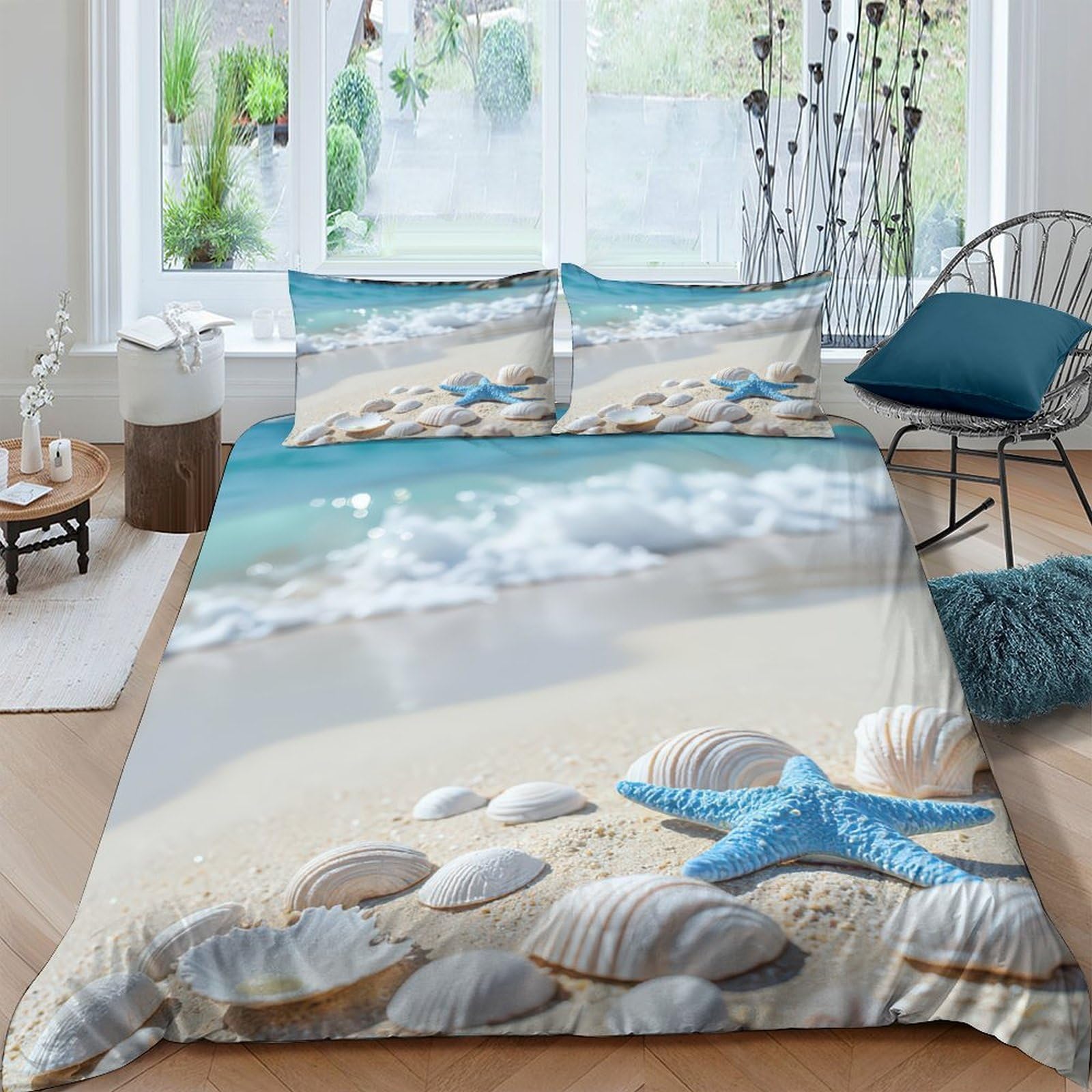 Ctjqhvkz Style-5 3D Printed Ocean Beach Fitted Sheet Microfiber Bedroom Decor Starfish Seashell Mattress Cover For Home Guest Room Single（135X200cm）