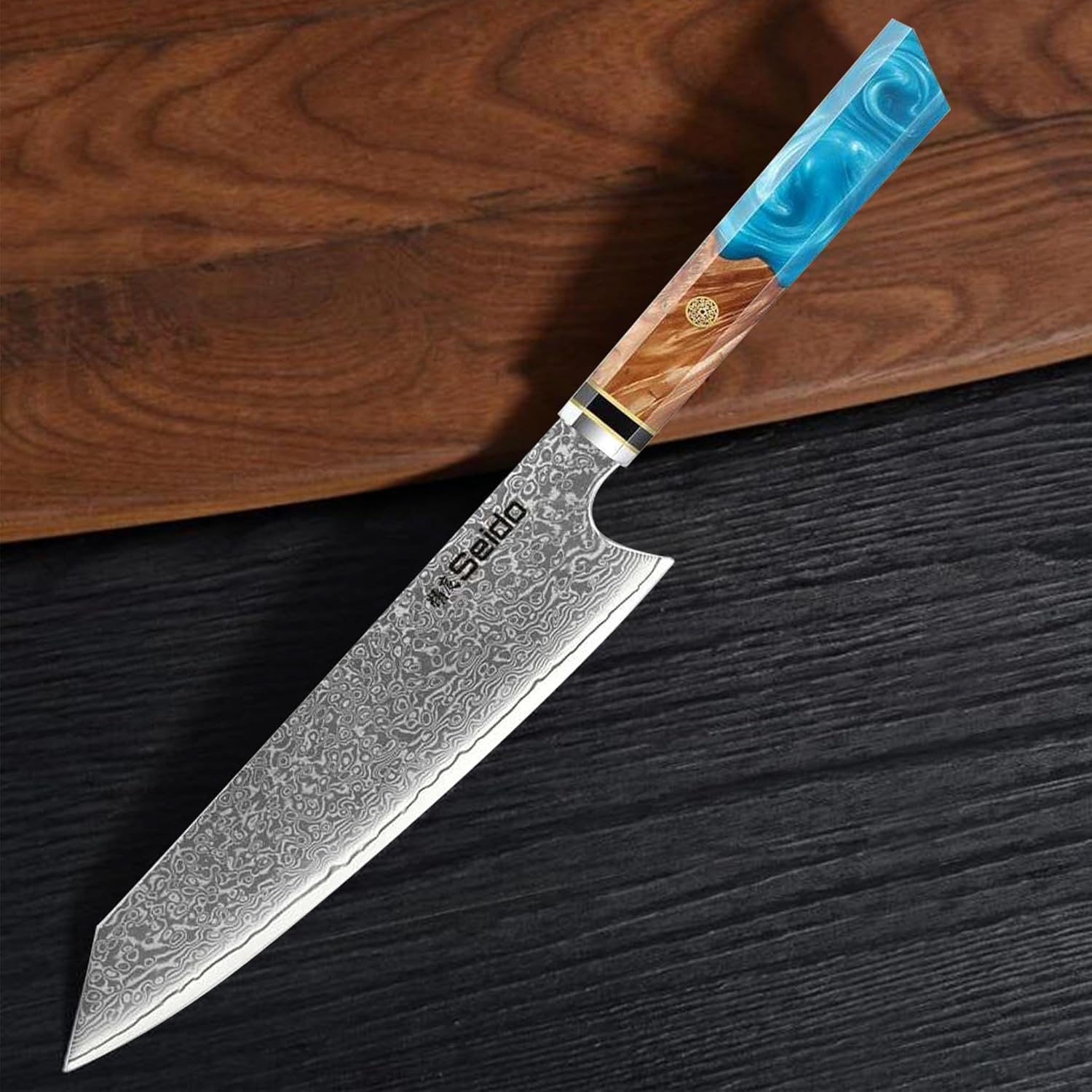 Seido Knives Kiritsuke Damascus Steel Chef Knife Epoxy Resin Stabilized Wood Handle Professional Kitchen Knife VG10 High Carbon Stainless Steel, Sky Blue