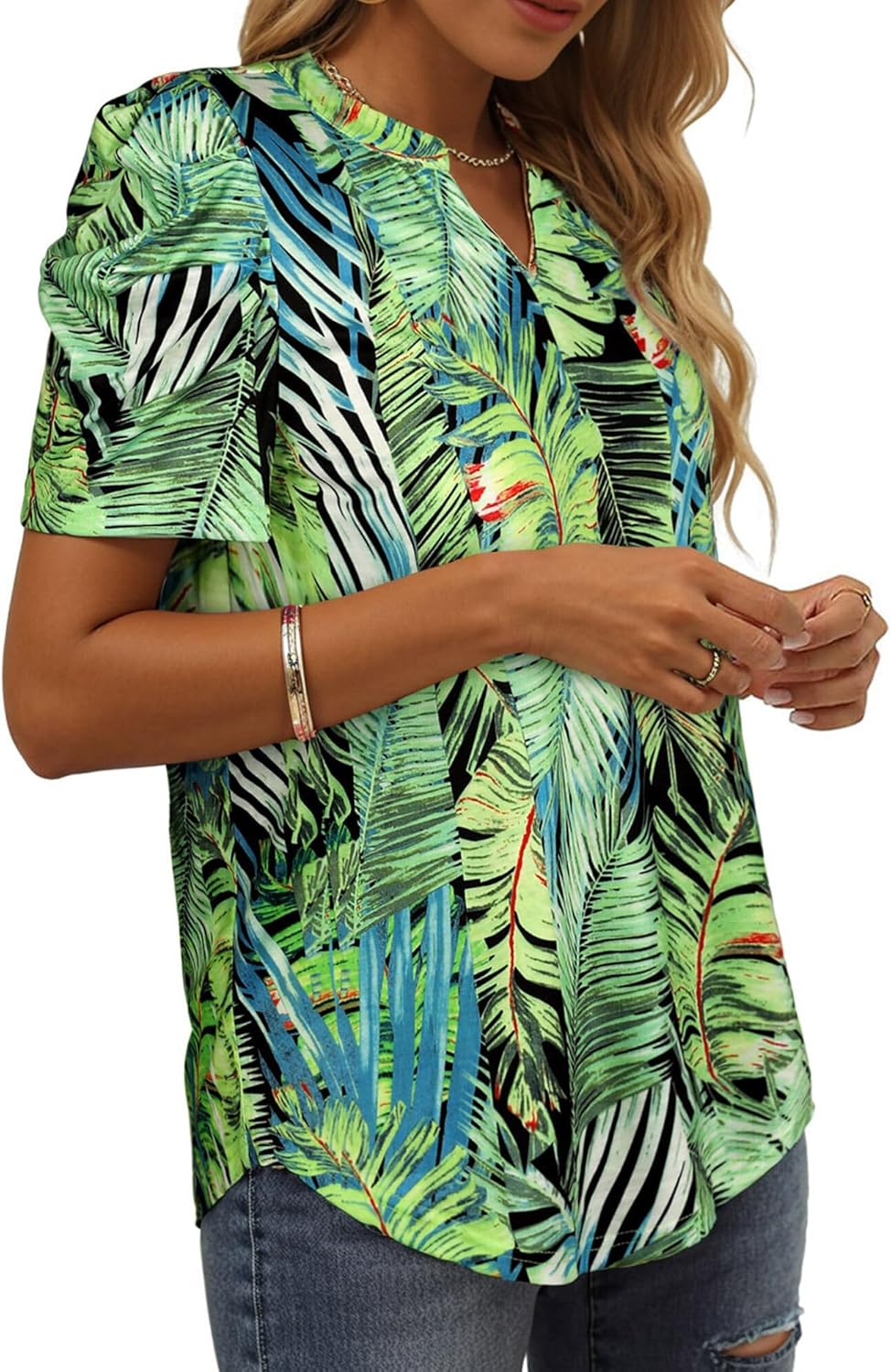 Ezcosplay Women Puff Sleeve Tops Floral Hawaiian Shirt Notched V Neck T-Shirt Casual Tropical Outfits - Image 3