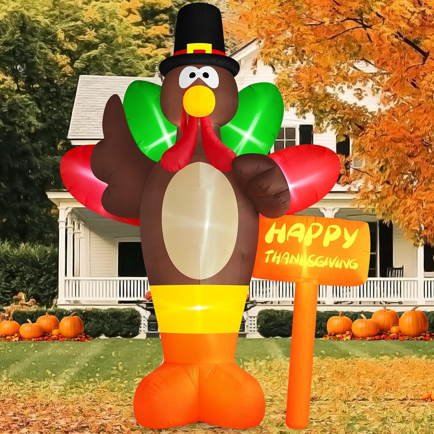Danxilu 10 FT Giant Thanksgiving Inflatables Turkey Outdoor Decorations with Colorful Big Tail & Pilgrim Hat, Built-in LED Lights Inflatable Turkey Blow up Yard Decoration for Garden Lawn Fall Decor