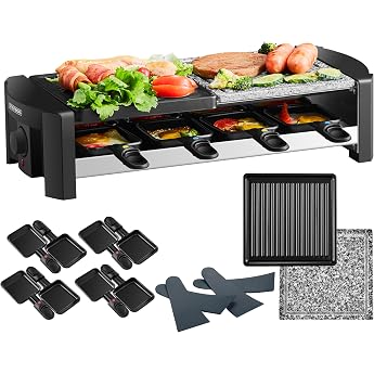 Raclette Device for 8 People Party Grill with Solid Natural Stone and Coated Grill Plate Electric Table Grill 1300 Watt Stainless Steel Heating Element