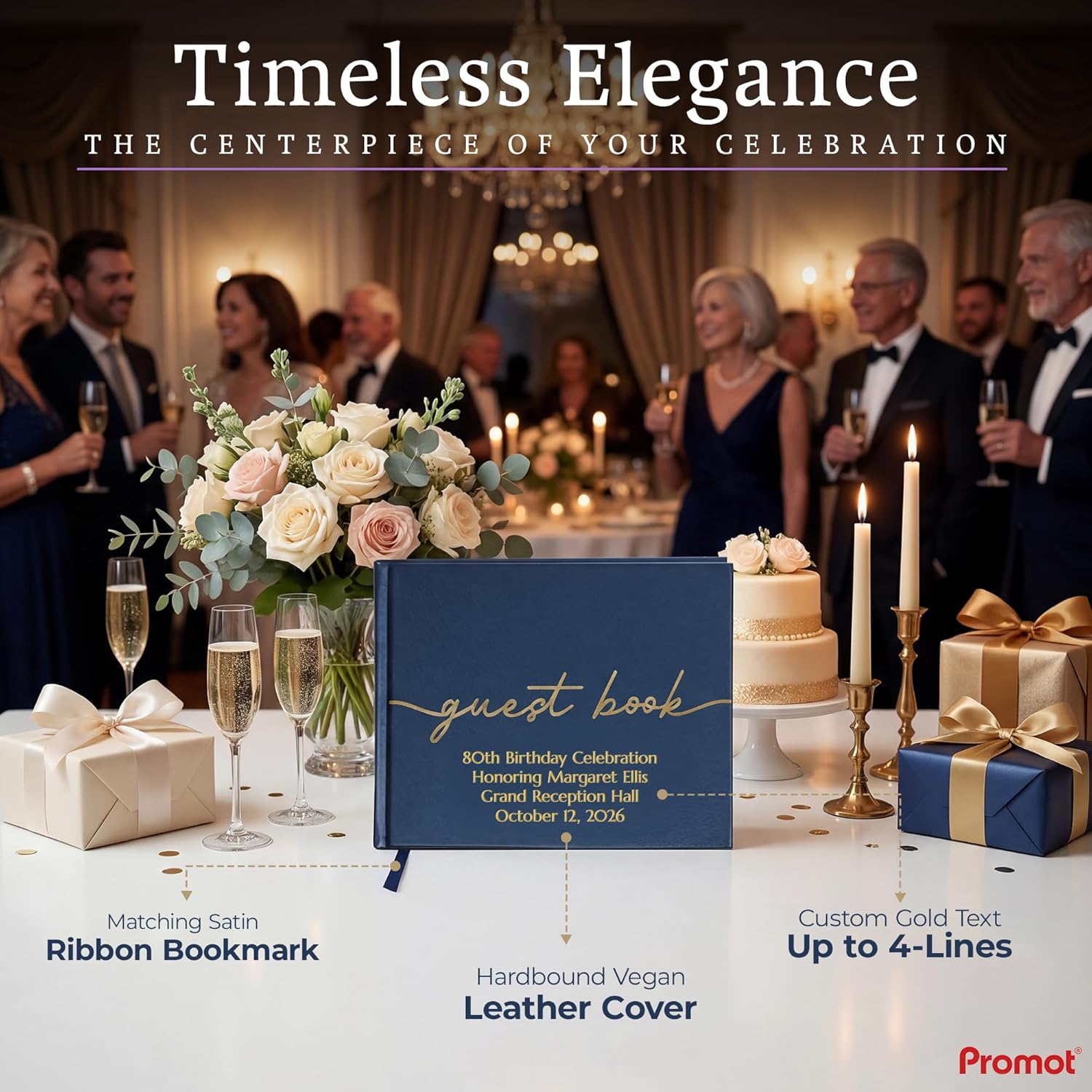 Promot Personalized Guestbook for Party (Sapphire Blue) - 110 Lined Pages in Wood-Free Vegan Leather Hard Cover - Wedding Guest Book Sign in and Photos, Baby Shower, Birthday or Graduation