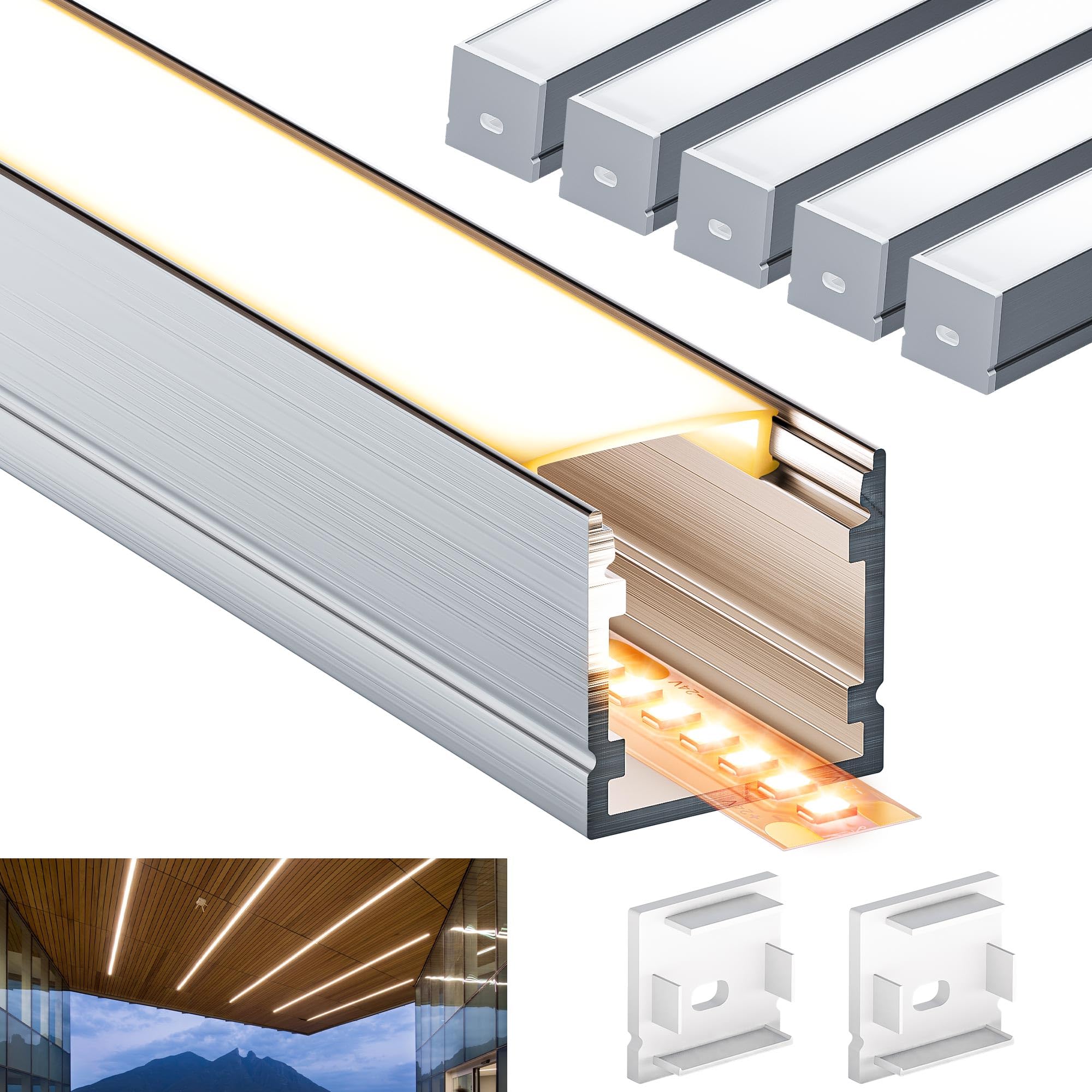 Profilo LED in alluminio, 5 x 2 m (6 m), profilo in alluminio a forma di U con copertura lattiginosa per strisce LED, tappi terminali e clip di montaggio per strisce LED L2000 x 20 x 20 mm