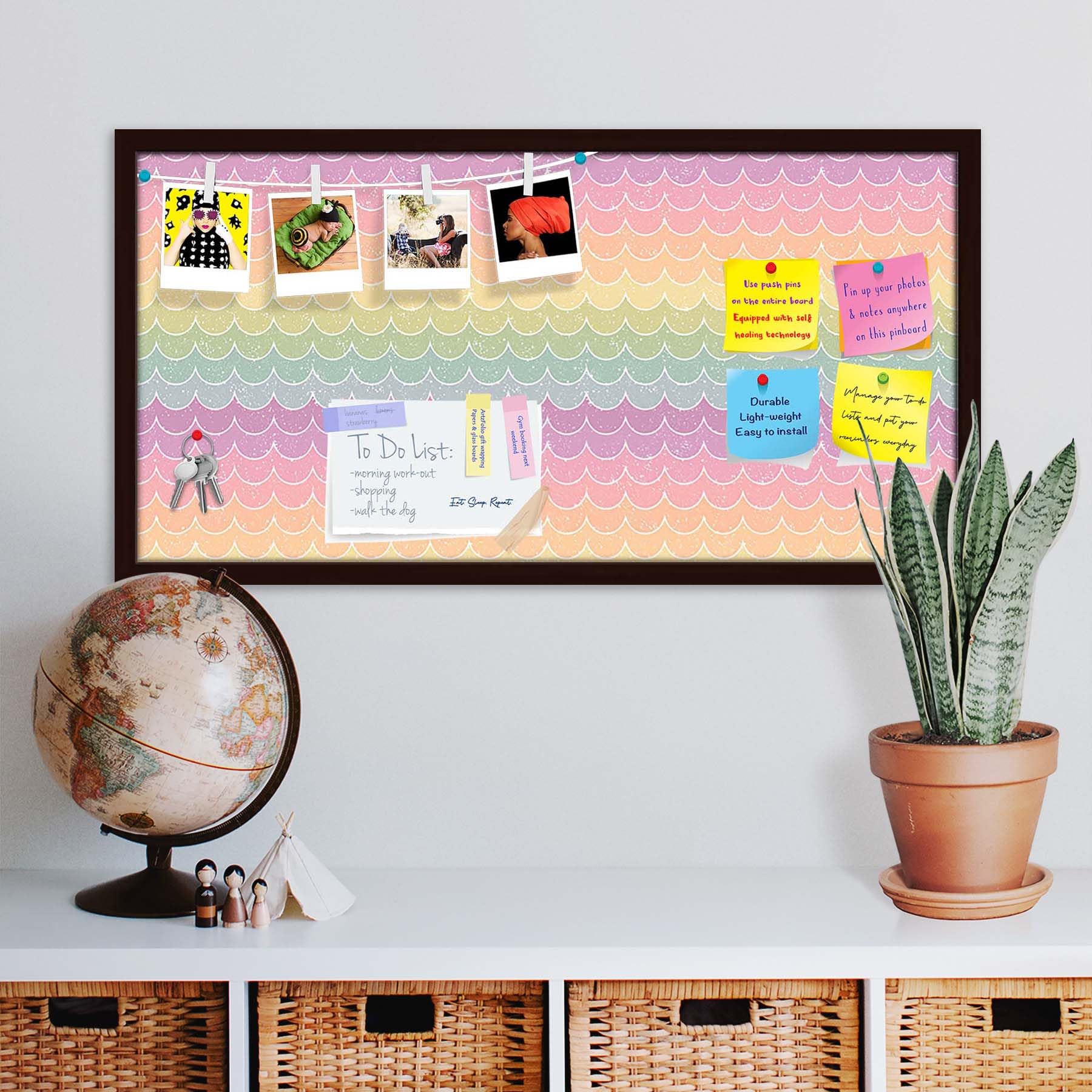 ArtzFolio Wavey | Bulletin Board Notice Pin Board | Vision Soft Board Combo with Thumb Push Pins & Sticky Notes | Dark Brown Frame | 24 x 12 inch (61 x 30 cms)