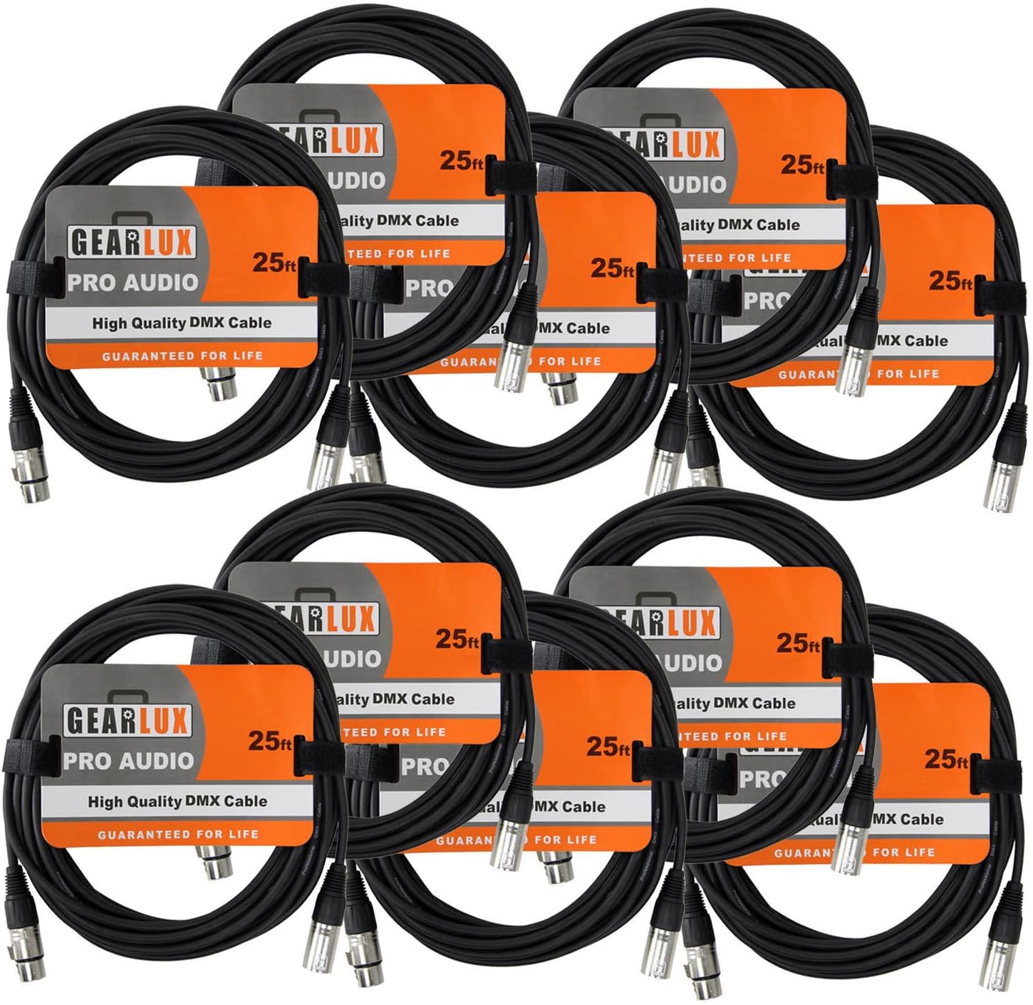 Gearlux DMX Cable, 3 Pin, Male to Female, 25 Feet - 10 Pack