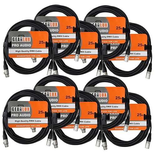 Gearlux Cable DMX de 25 pies de 3 pines macho a hembra, paquete de 10