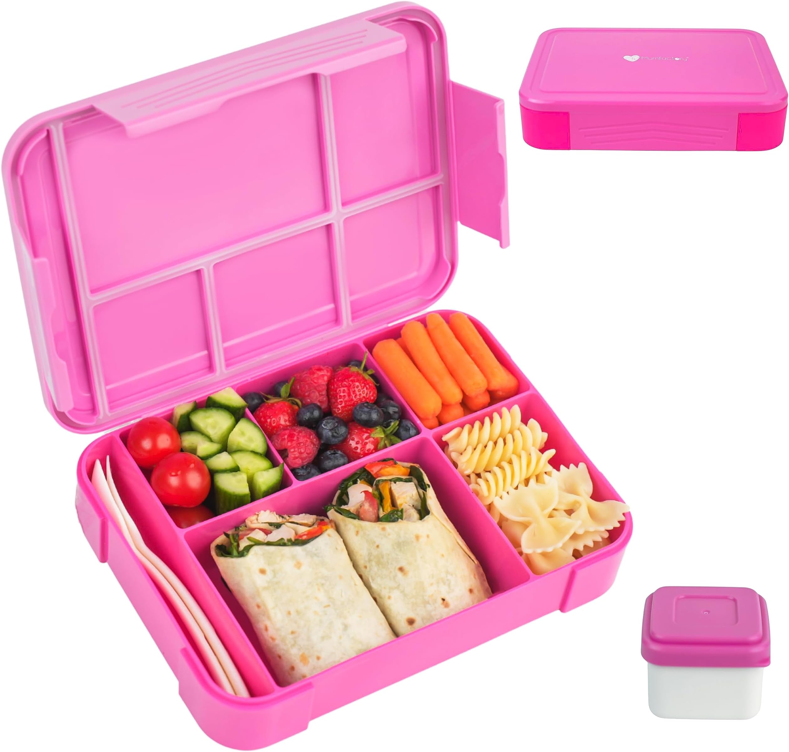 Mumfactory® Lunch Box For Kids School, Bento Lunch Box Kids Adults, Leakproof with 5 Compartments and Cutlery Set, 1330 ML (Pink)