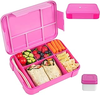 Lunch Box For Kids School, Bento Lunch Box Kids Adults, Leakproof with 5 Compartments and Cutlery Set, 1330 ML (Pink)