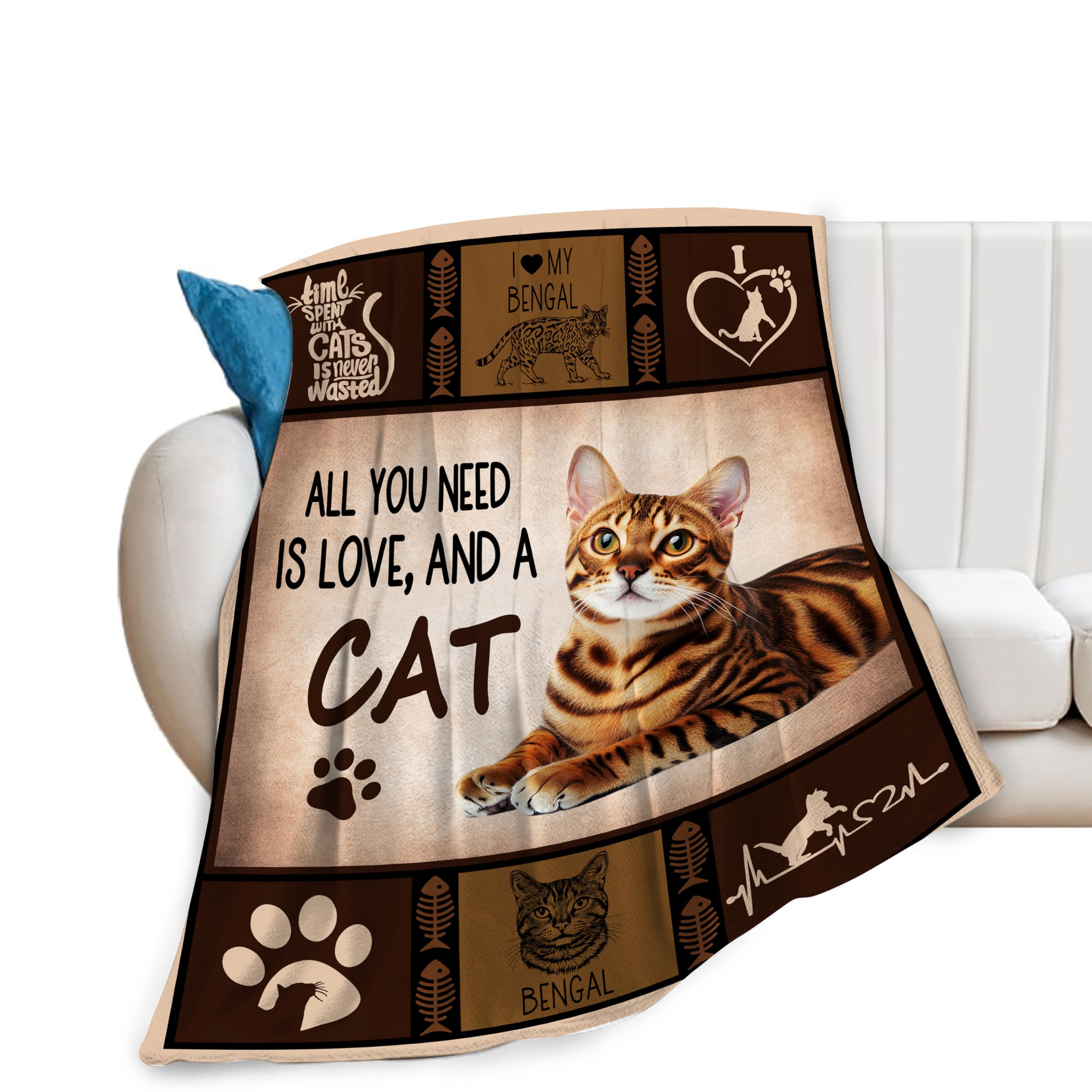 Kaslhsq Women's Bengal Cat Blanket, Cat Throw Blankets, Gifts For Boys Girls Men Lover Adult Cozy Fleece Flannel Bedding Stuff Animal Plush For Couch Sofa Bed 60"X80"