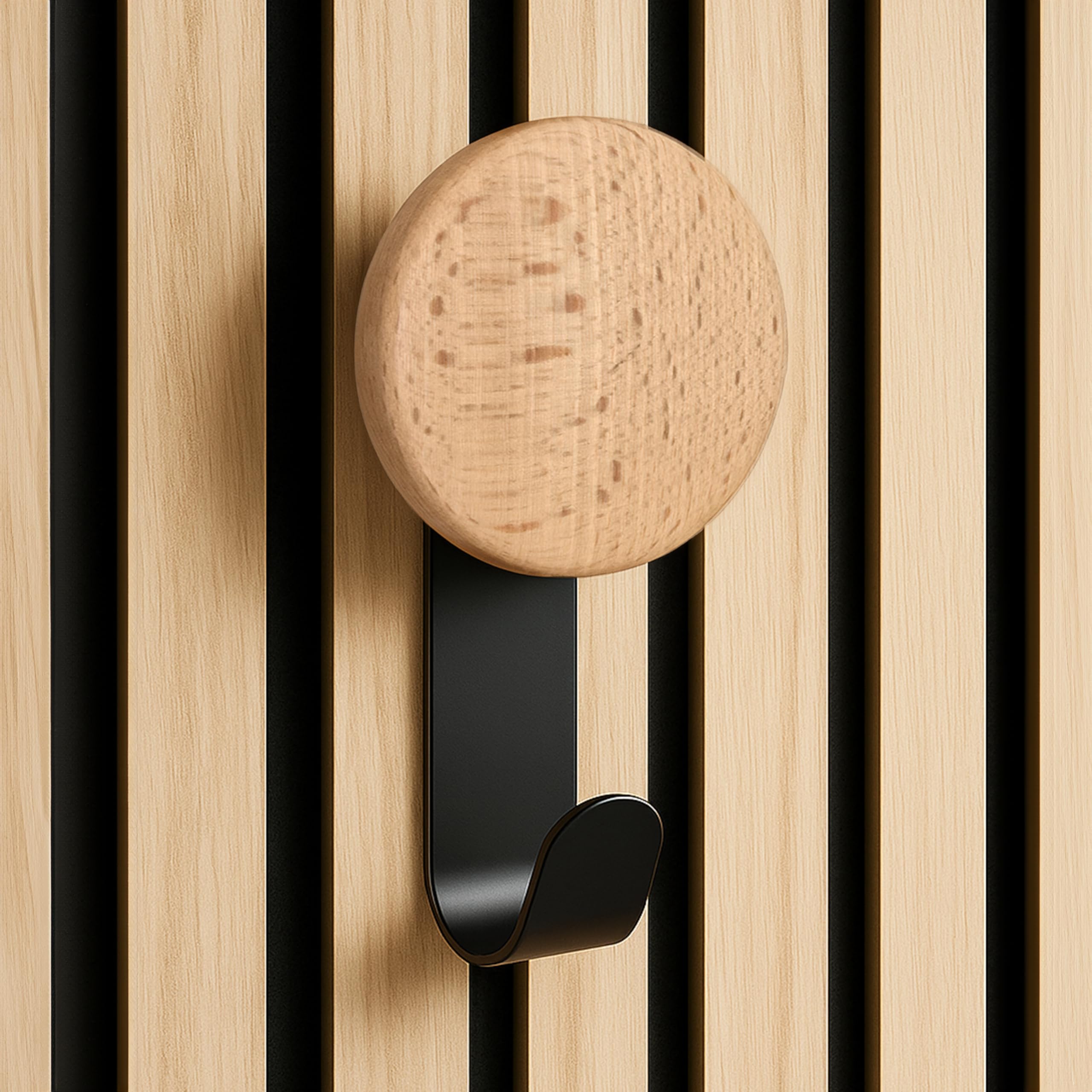 Noblery Home Coat Hooks for Acoustic Panels No Drilling - Set of 3 - Black Coat Hooks with Wooden Button Made of Beech - Wall Hanger - Coat Hooks for Acoustic Panel