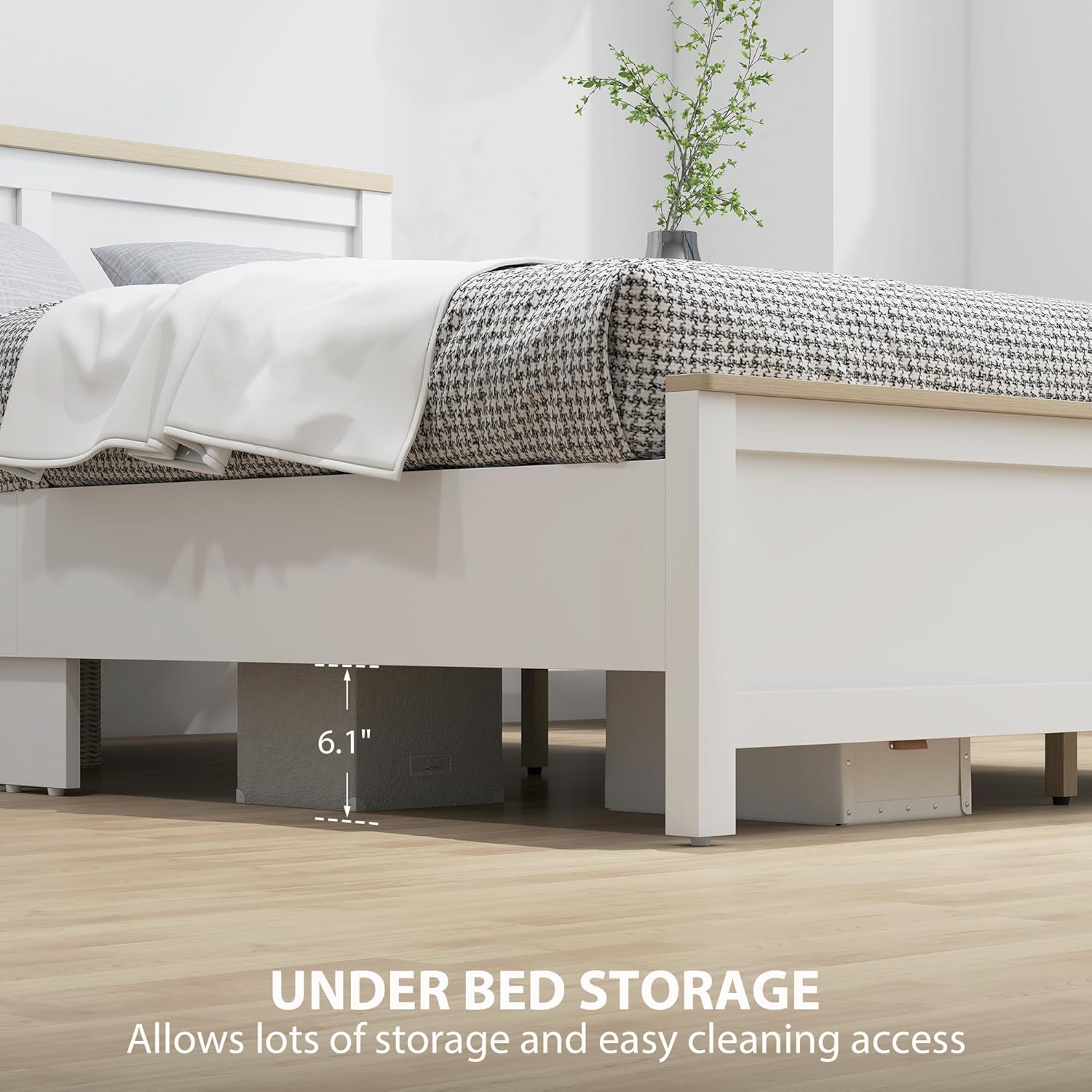 Image showing the 6.1 inch under-bed clearance with storage boxes placed underneath, demonstrating the storage capability.