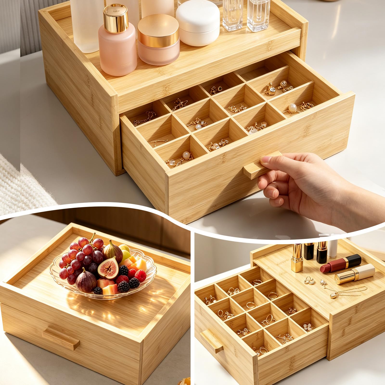 Boîte de rangement en bambou marron avec tiroir, 12 compartiments pour comptoir de thé, boîte à thé en bois naturel pour dosettes de café, sachets de sucre, sachets de thé