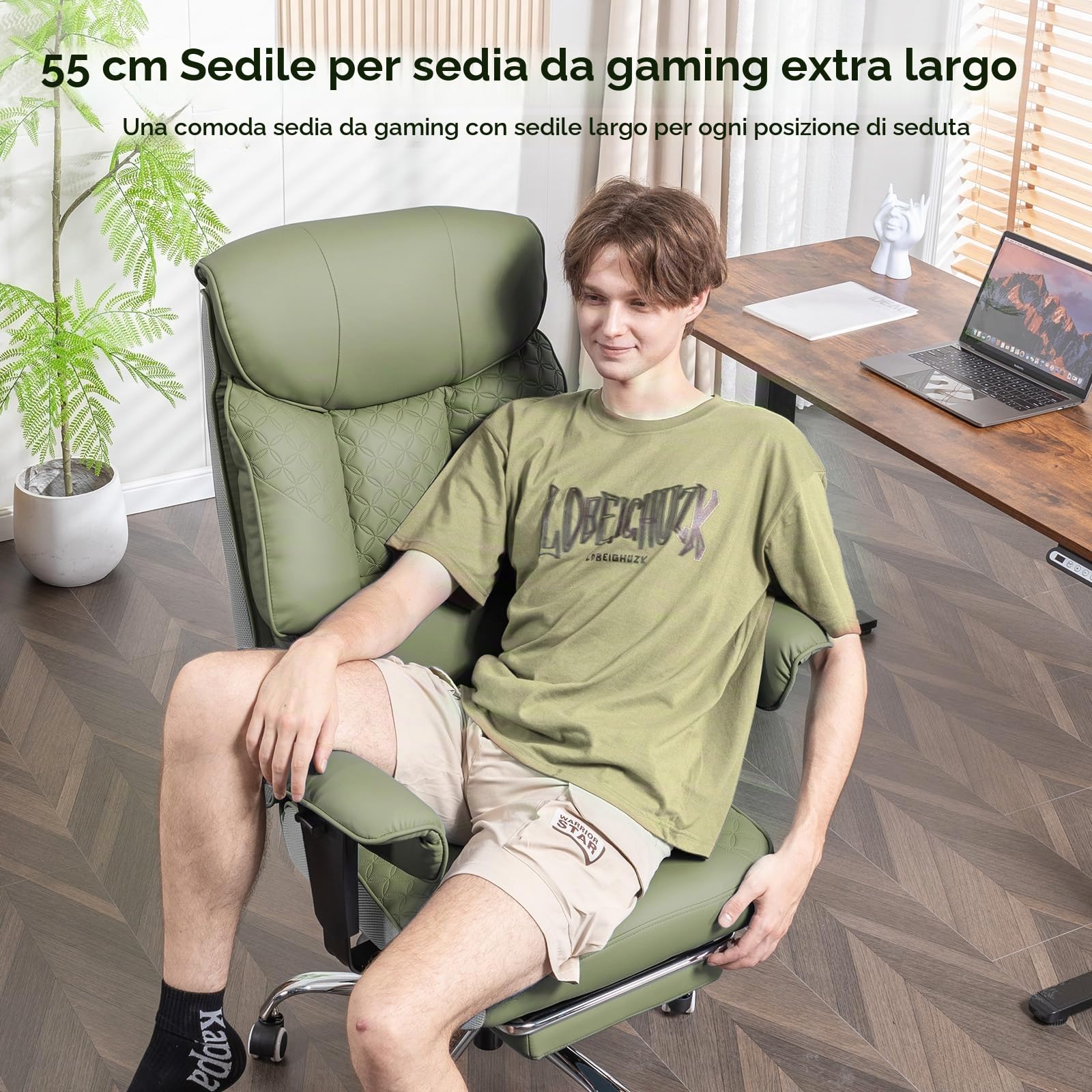 COMHOMA Sedia da gioco per persone grandi e pesanti, sedia da ufficio ergonomica fino a 180 kg, cuscino 3D, regolabile con poggiapiedi, pelle PU, comfort elevato per ufficio e gaming verde