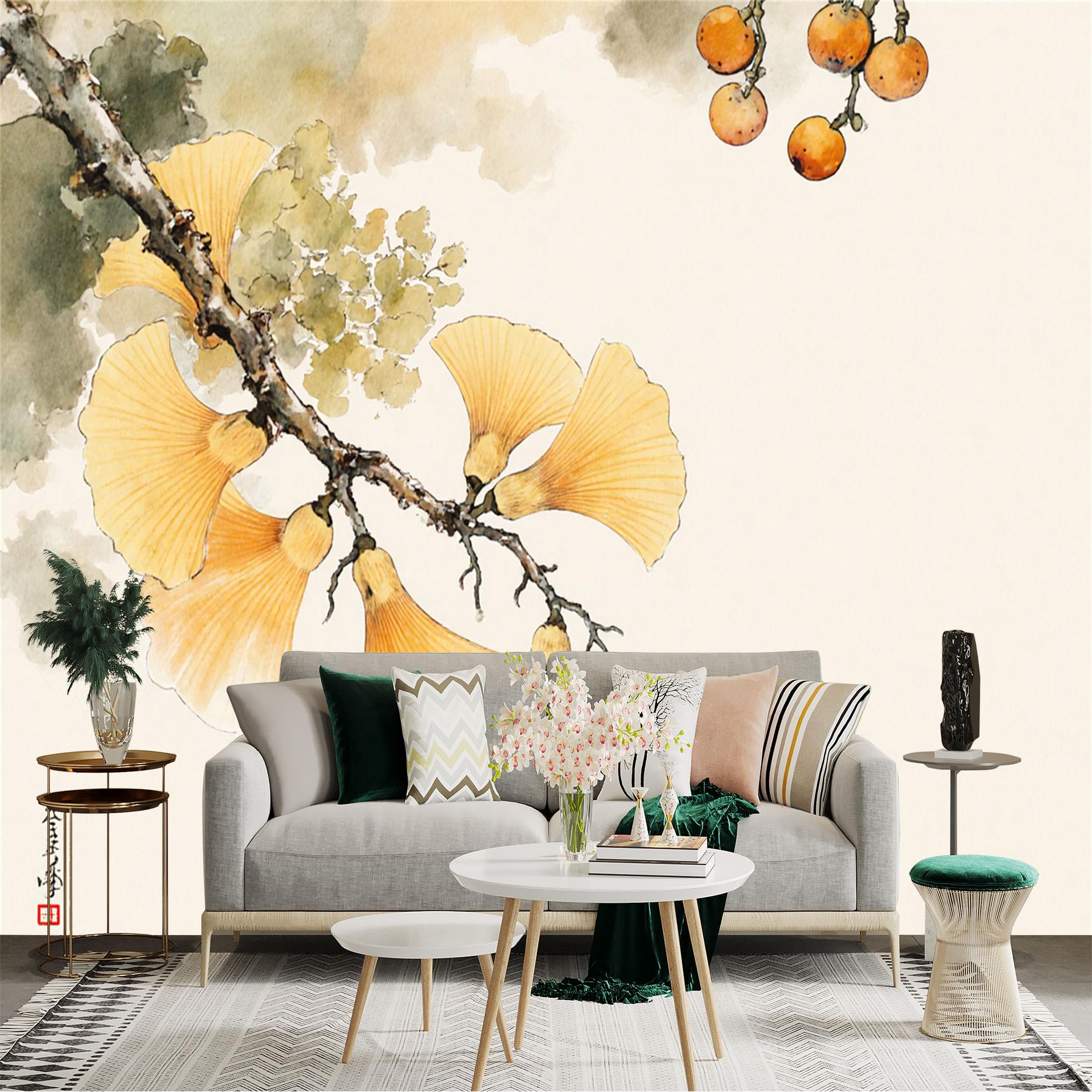 Custom Size Wall Sticker Mural， Yellow Ginkgo Leaves， Traditional Chinese Ink Wash Painting Style， Elegant Botanical Branch， for wall Decoration， peelandstick wall Decals.