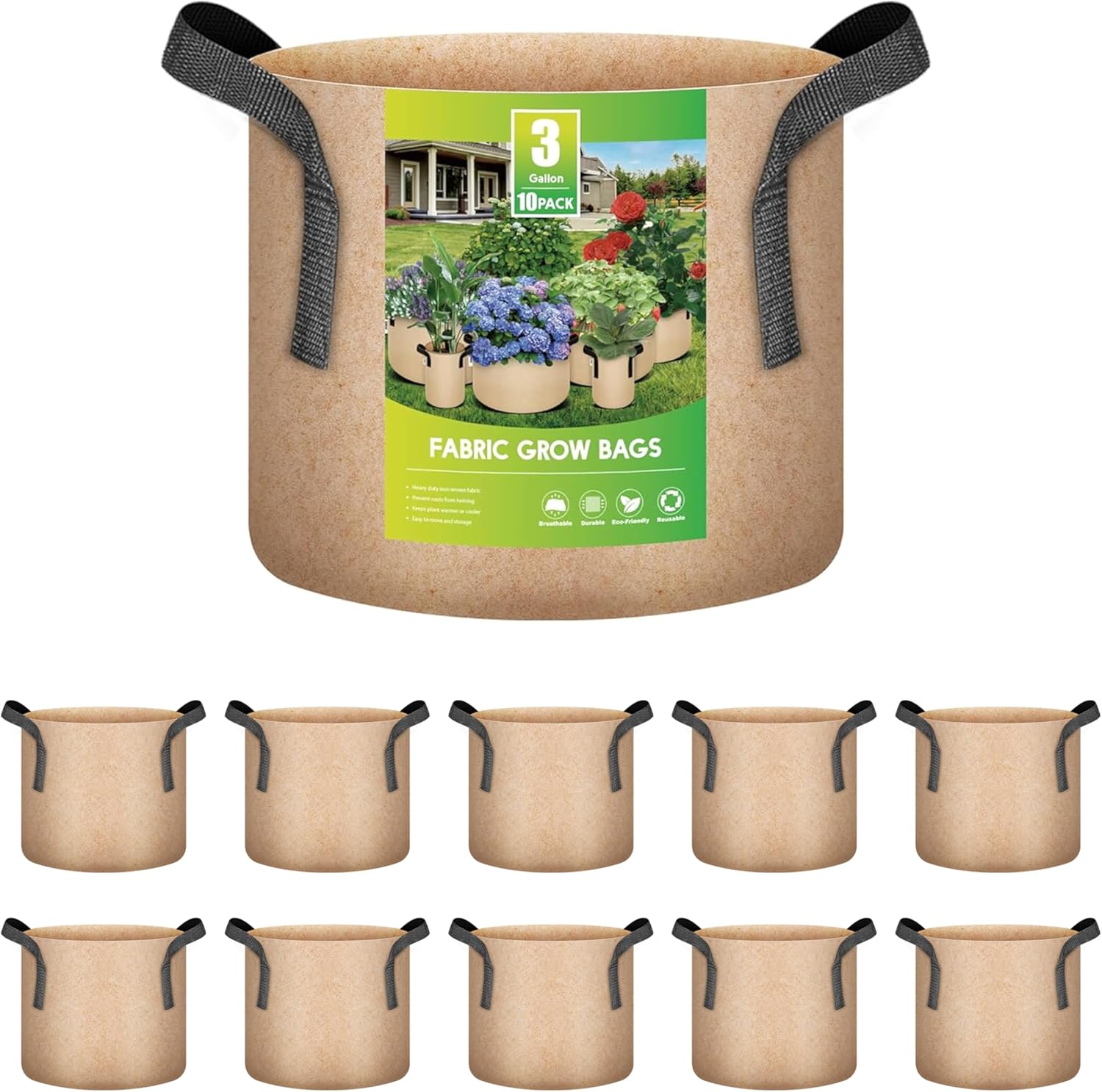 iPower 3 Gallon Grow Bags Nonwoven Fabric Pots Aeration Container with Strap Handles for Garden and Planting, 10-Pack Tan