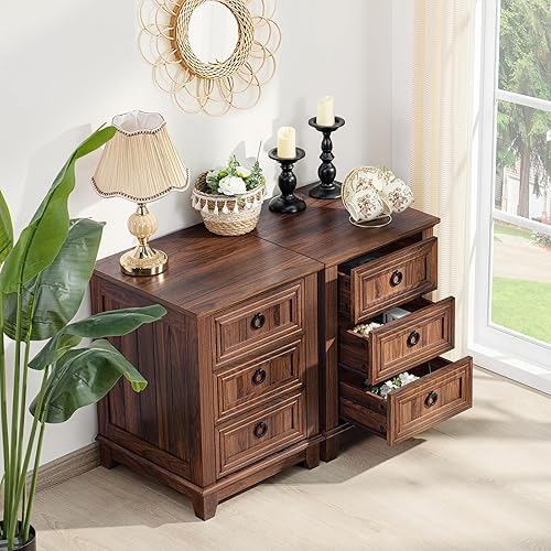 Miniatura 163 de Juego de 2 mesitas de noche estilo granja de 18" con estación de carga, cómoda con mesa auxiliar de 2 cajones para dormitorio, mesita de noche de