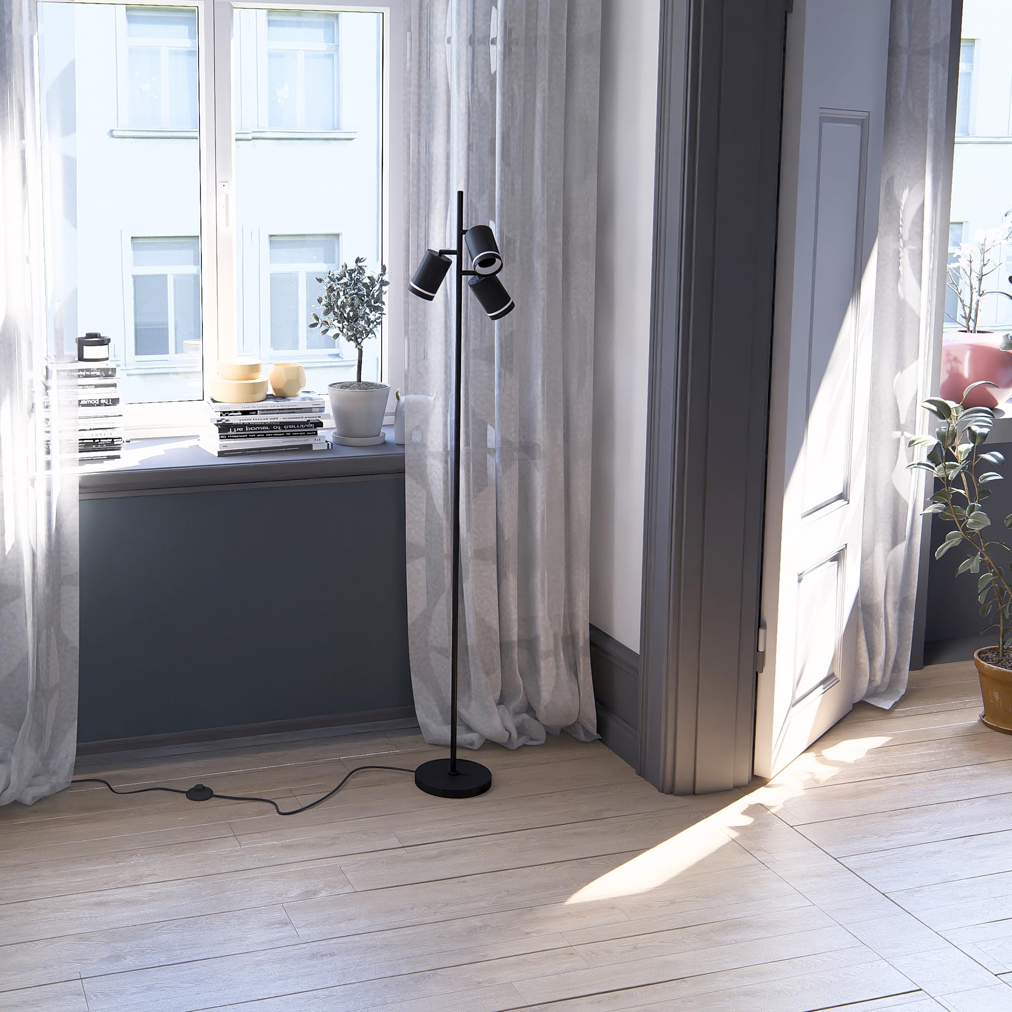 linovum TAVIRA Stehleuchte Wohnzimmer 3-flammig - moderne Standlampe schwarz drehbar mit Fußtaster für 3x GU10 Leuchtmittel